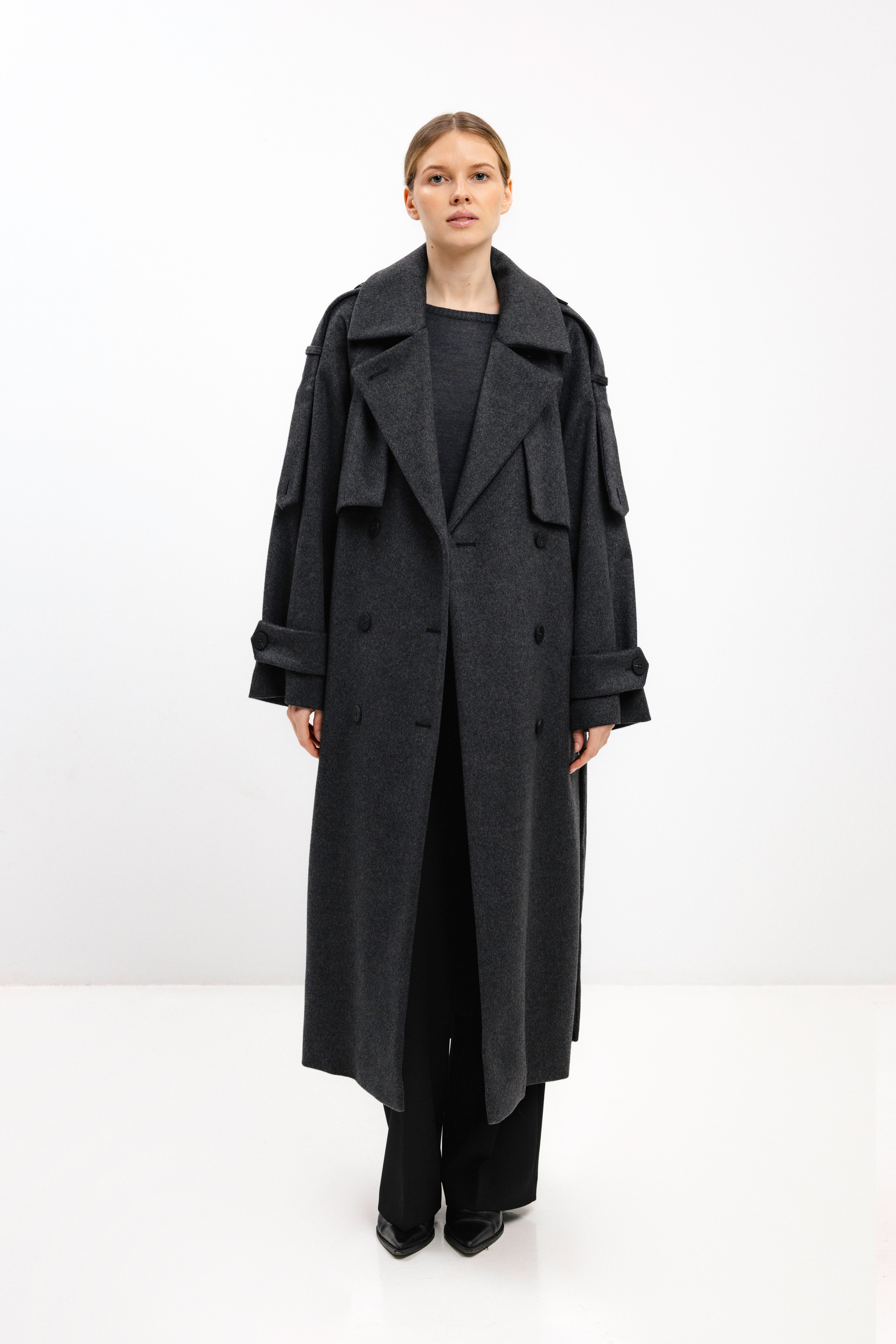 LONG BELTED DARK GREY WOOL COAT