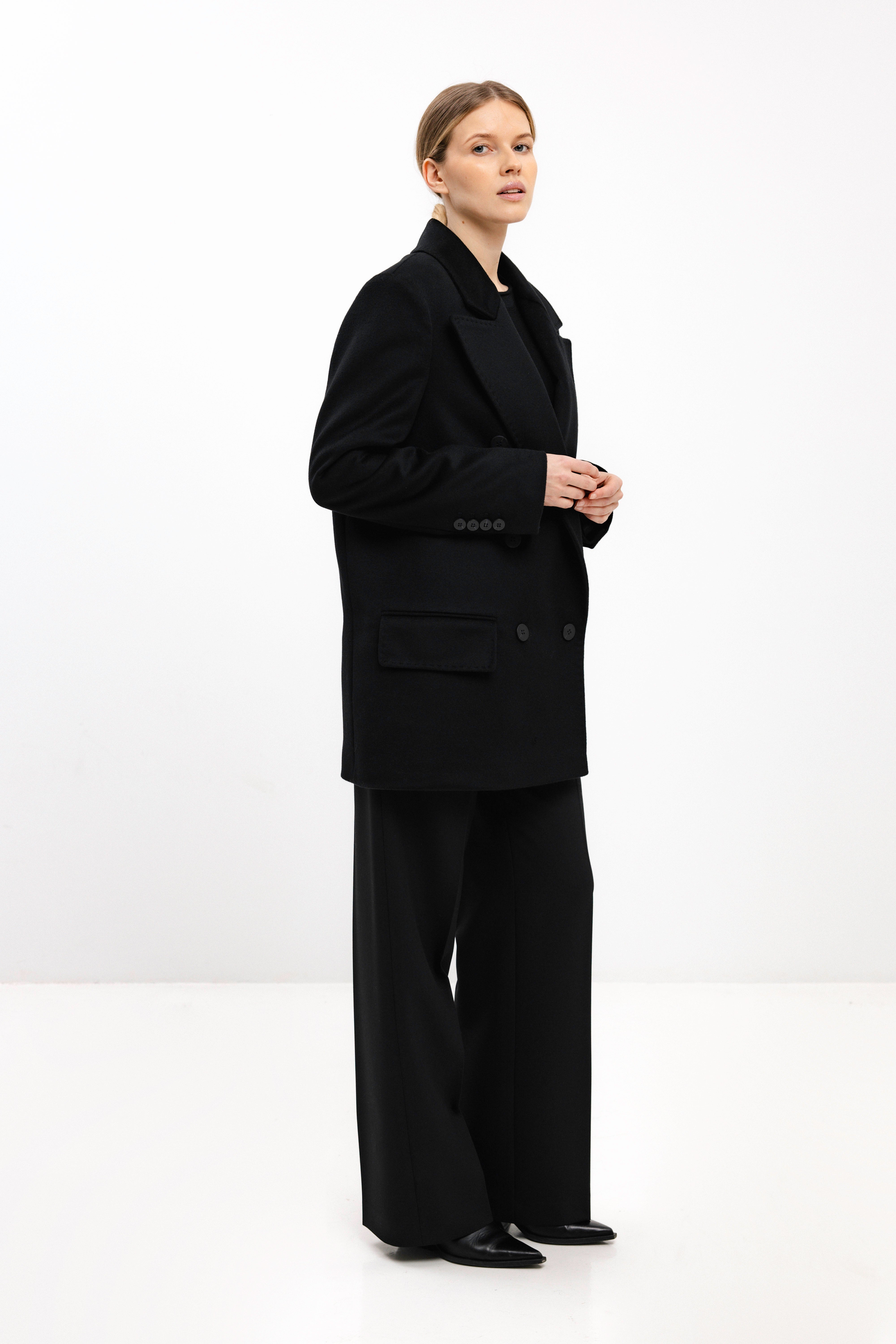 DOUBLE-BREASTED SHORT WOOL COAT IN BLACK
