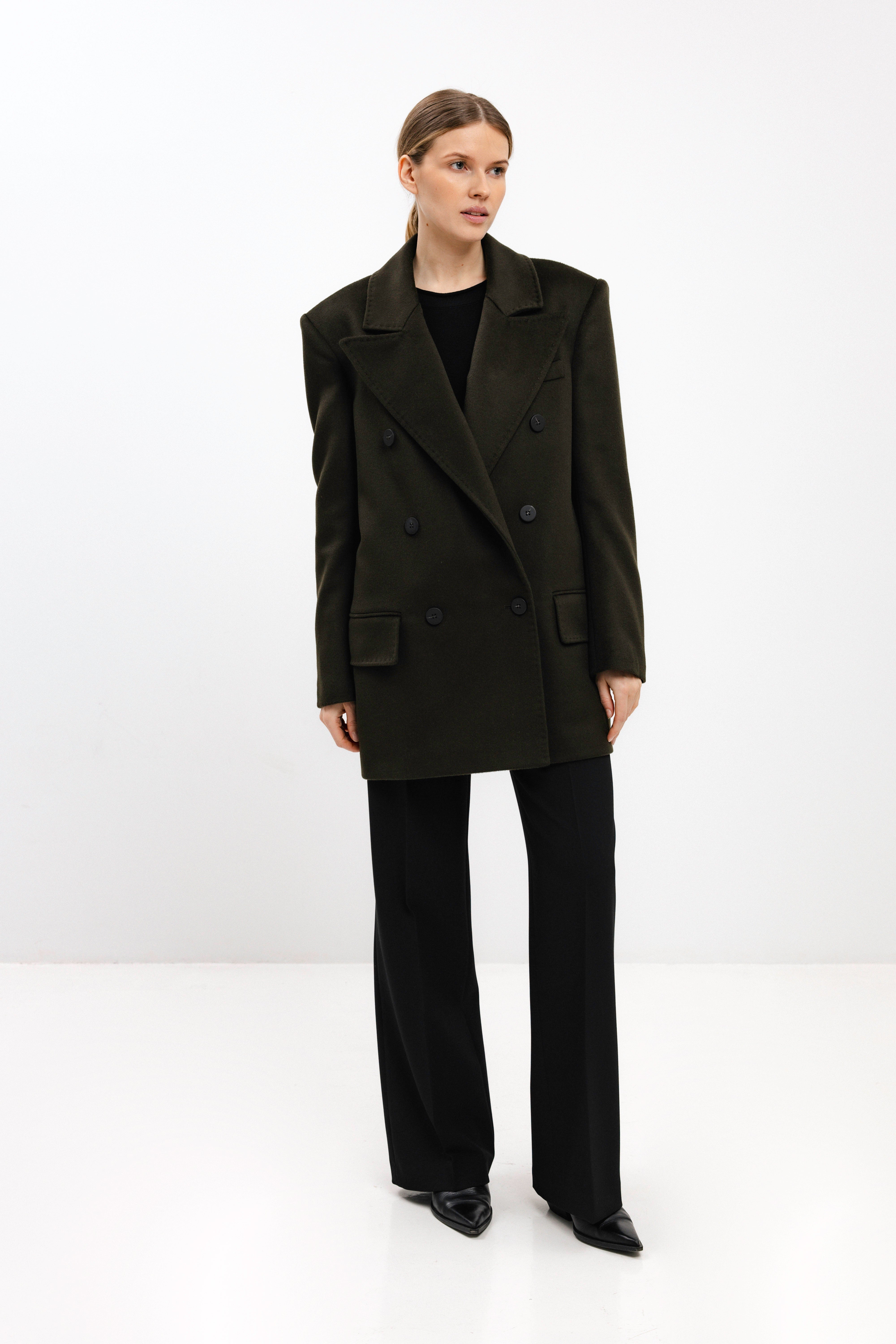 DOUBLE-BREASTED SHORT WOOL COAT IN OLIVE