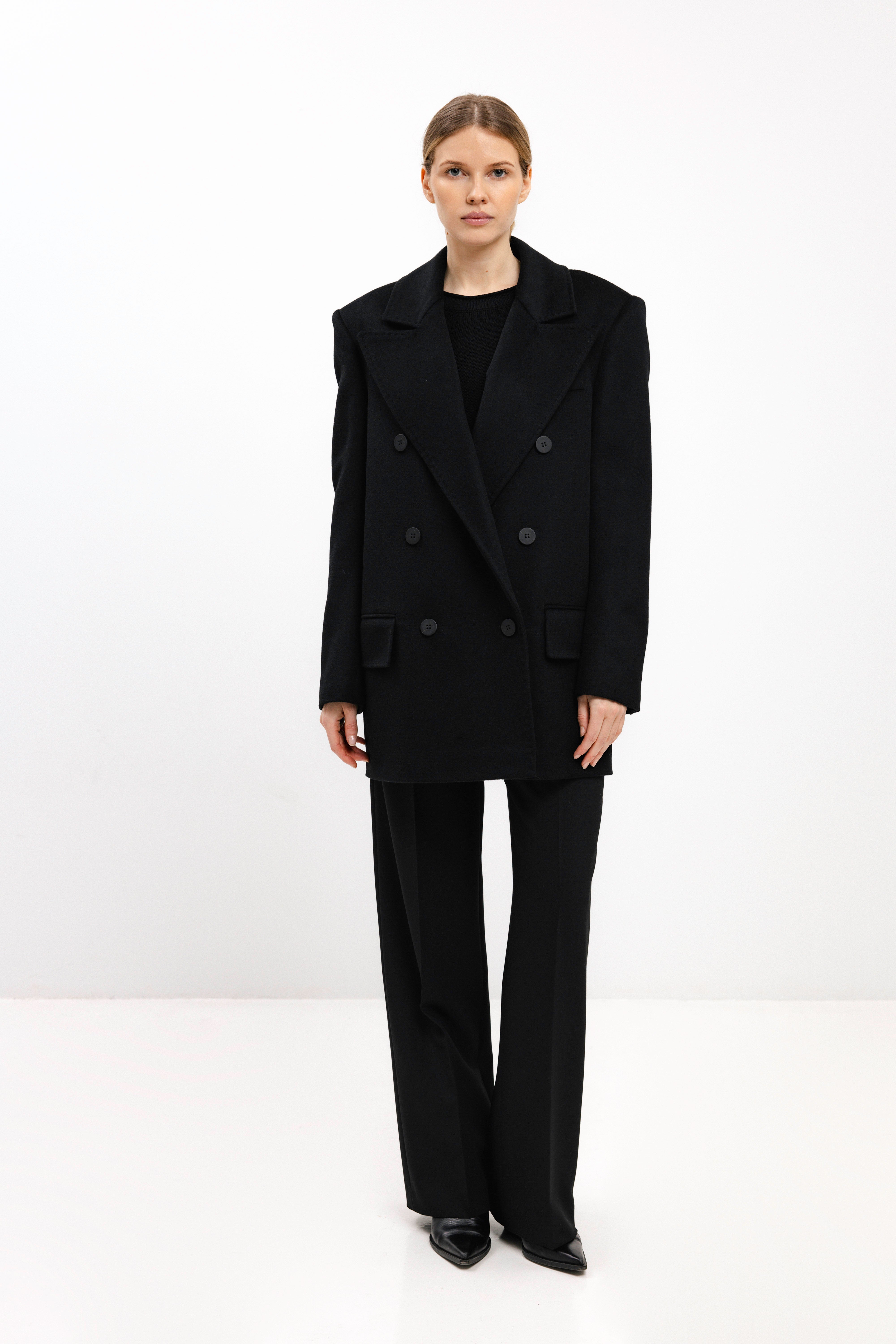 DOUBLE-BREASTED SHORT WOOL COAT IN BLACK