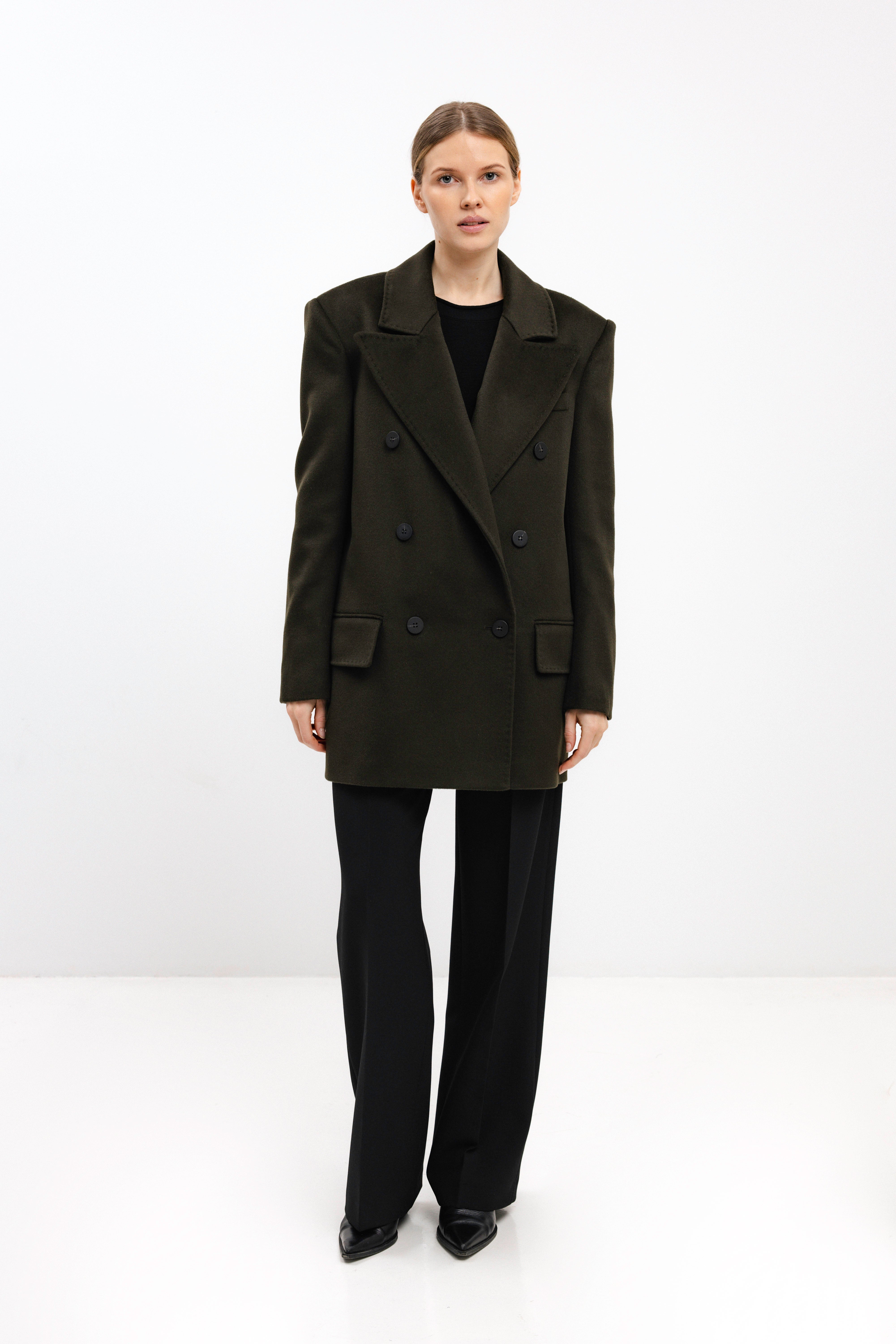 DOUBLE-BREASTED SHORT WOOL COAT IN OLIVE