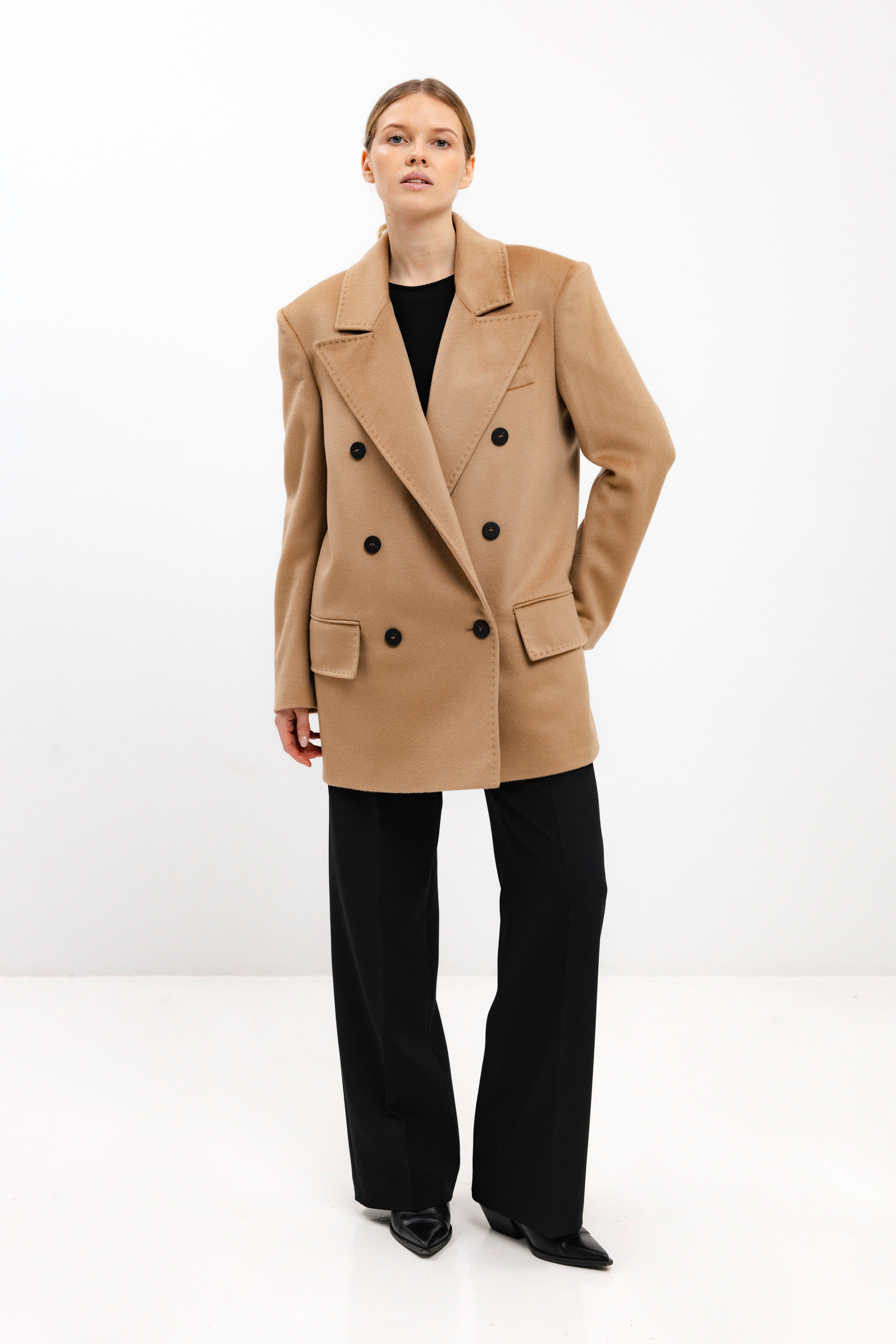 DOUBLE-BREASTED SHORT WOOL COAT IN CAMEL