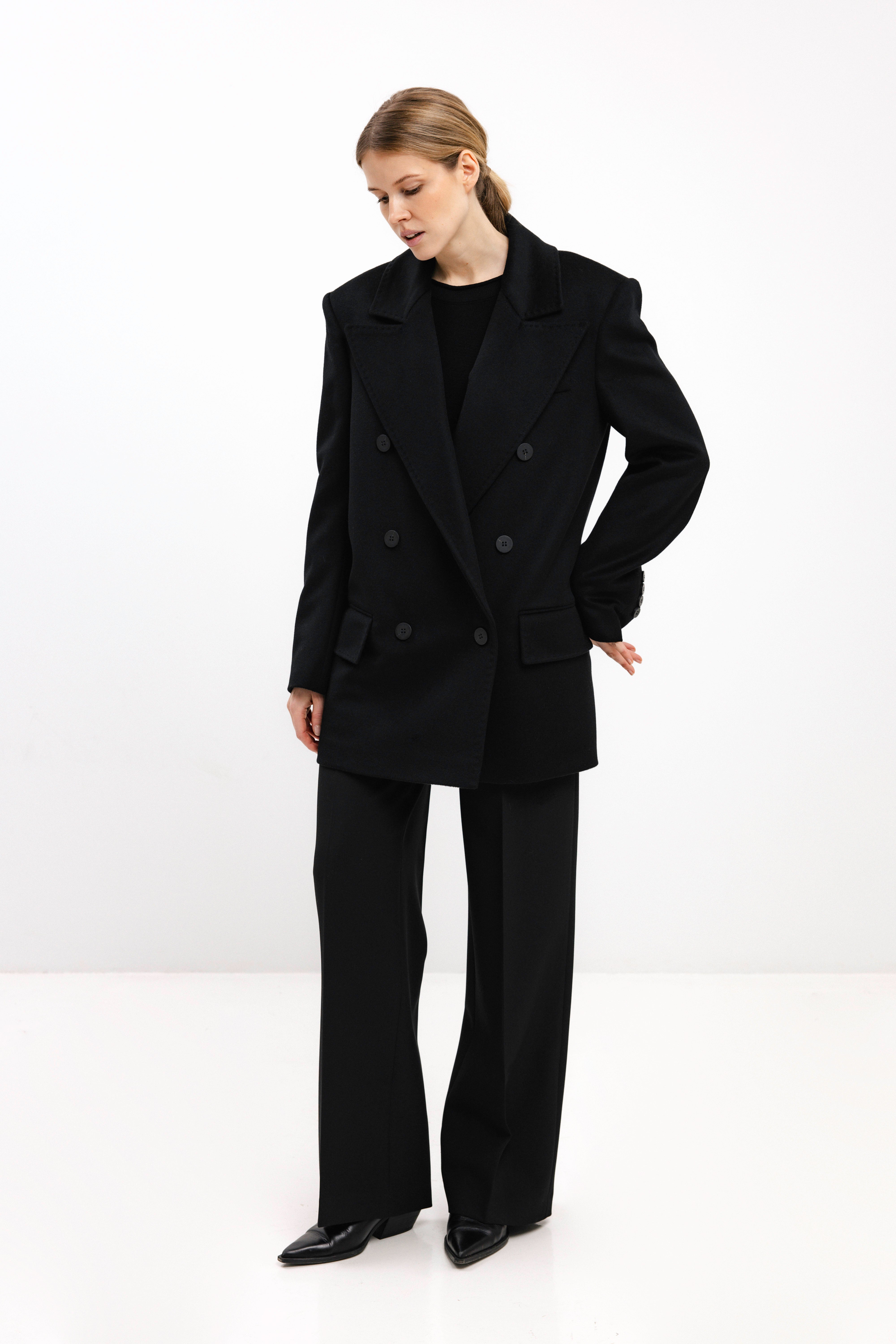 DOUBLE-BREASTED SHORT WOOL COAT IN BLACK