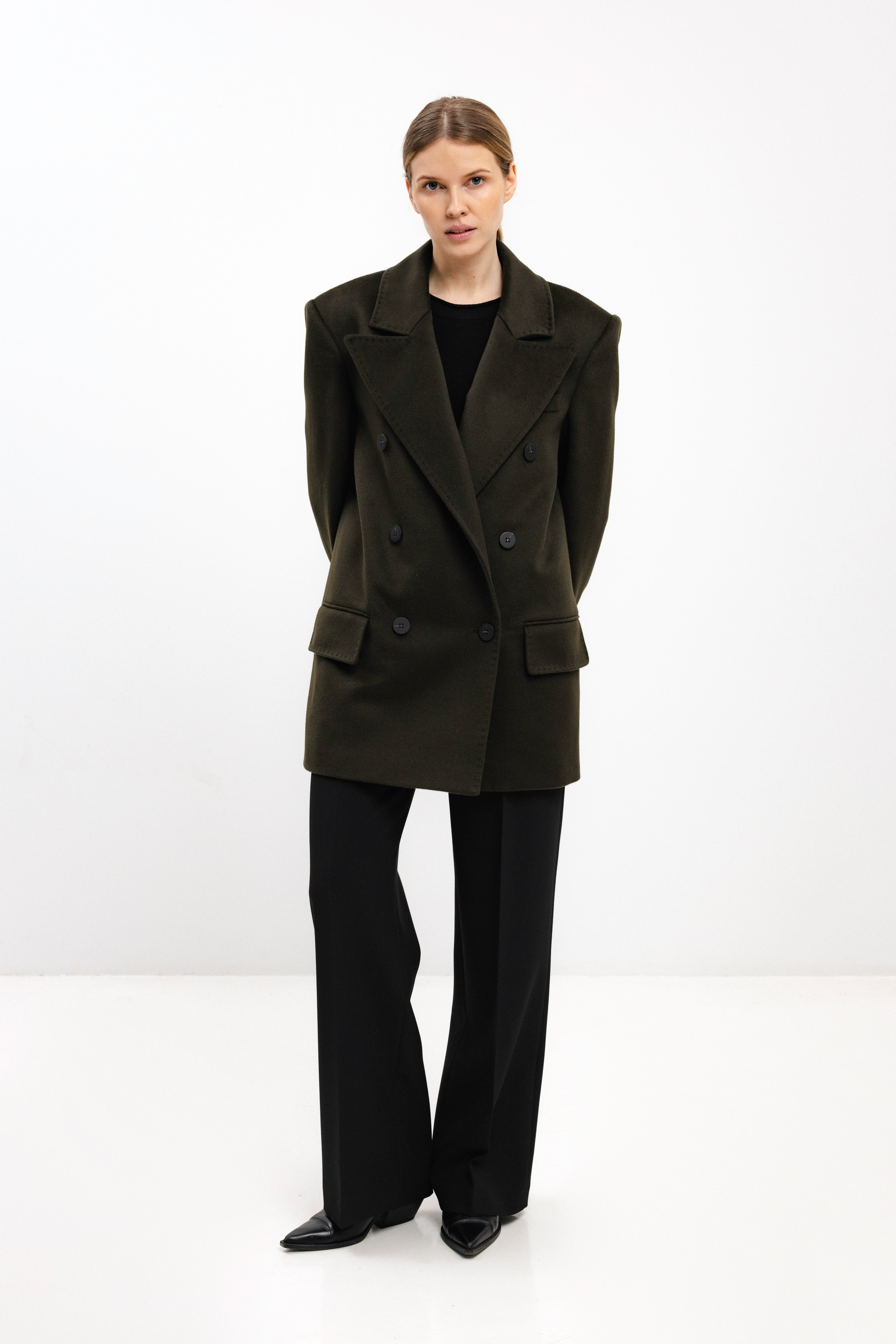 DOUBLE-BREASTED SHORT WOOL COAT IN OLIVE