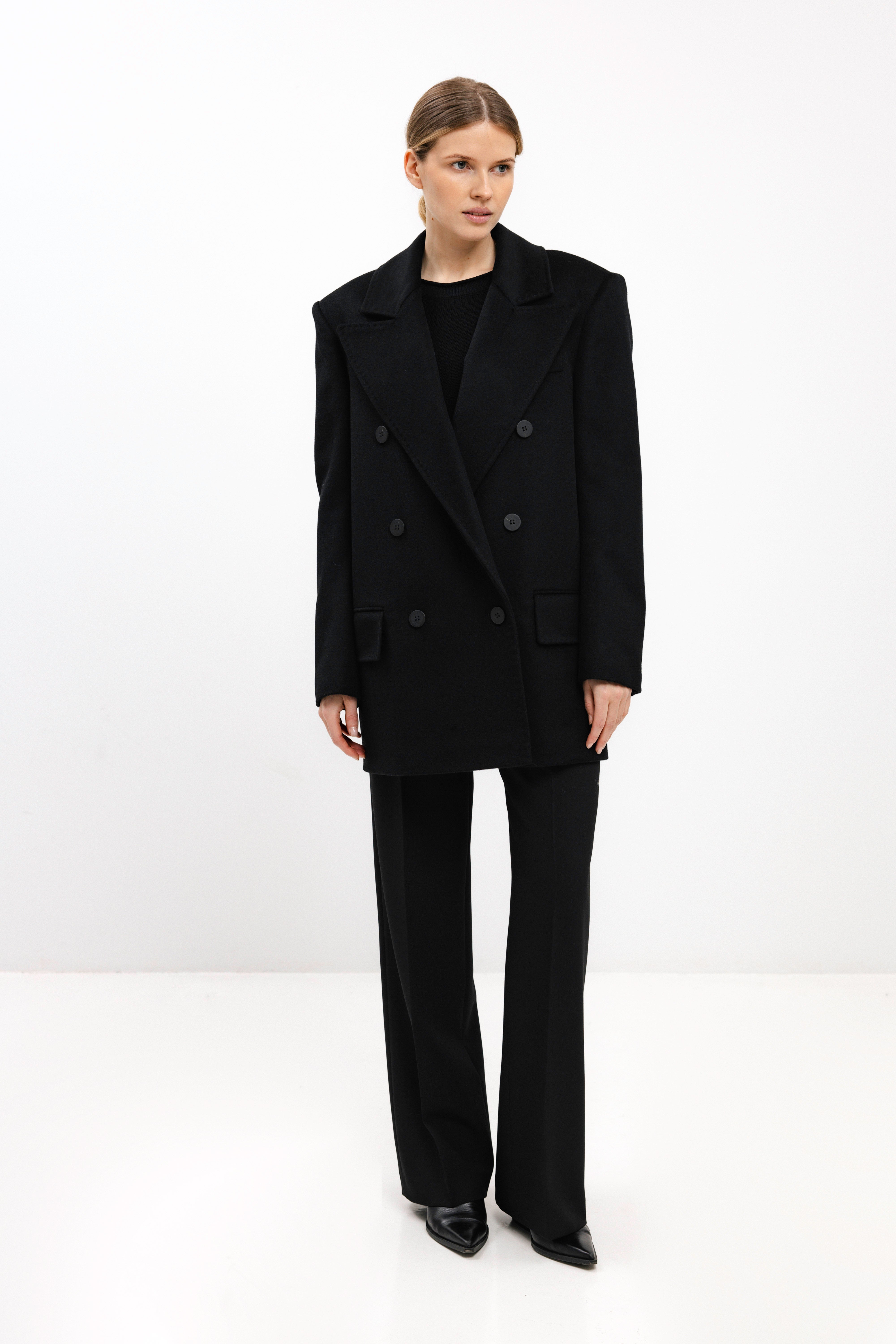DOUBLE-BREASTED SHORT WOOL COAT IN BLACK
