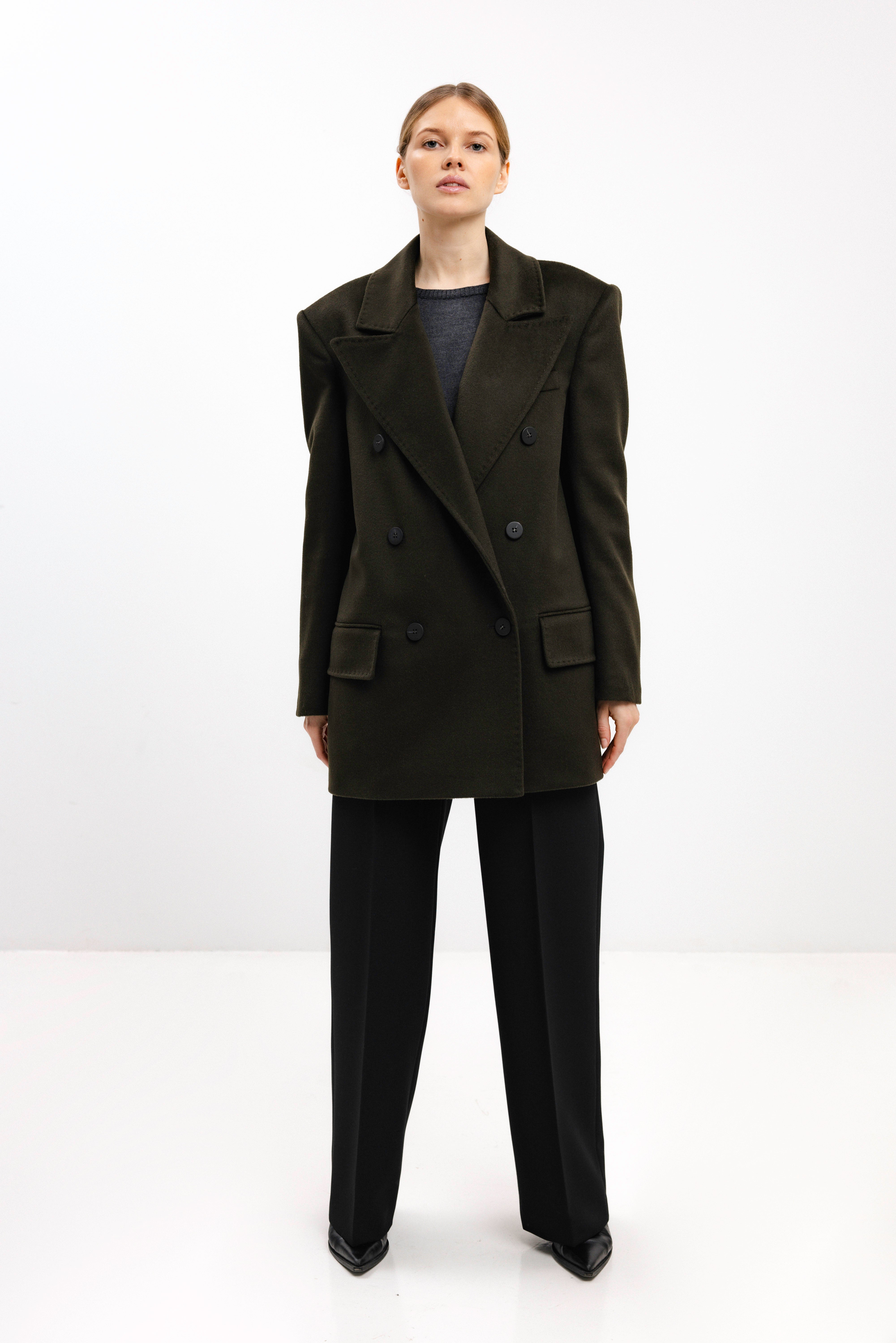 DOUBLE-BREASTED SHORT WOOL COAT IN OLIVE