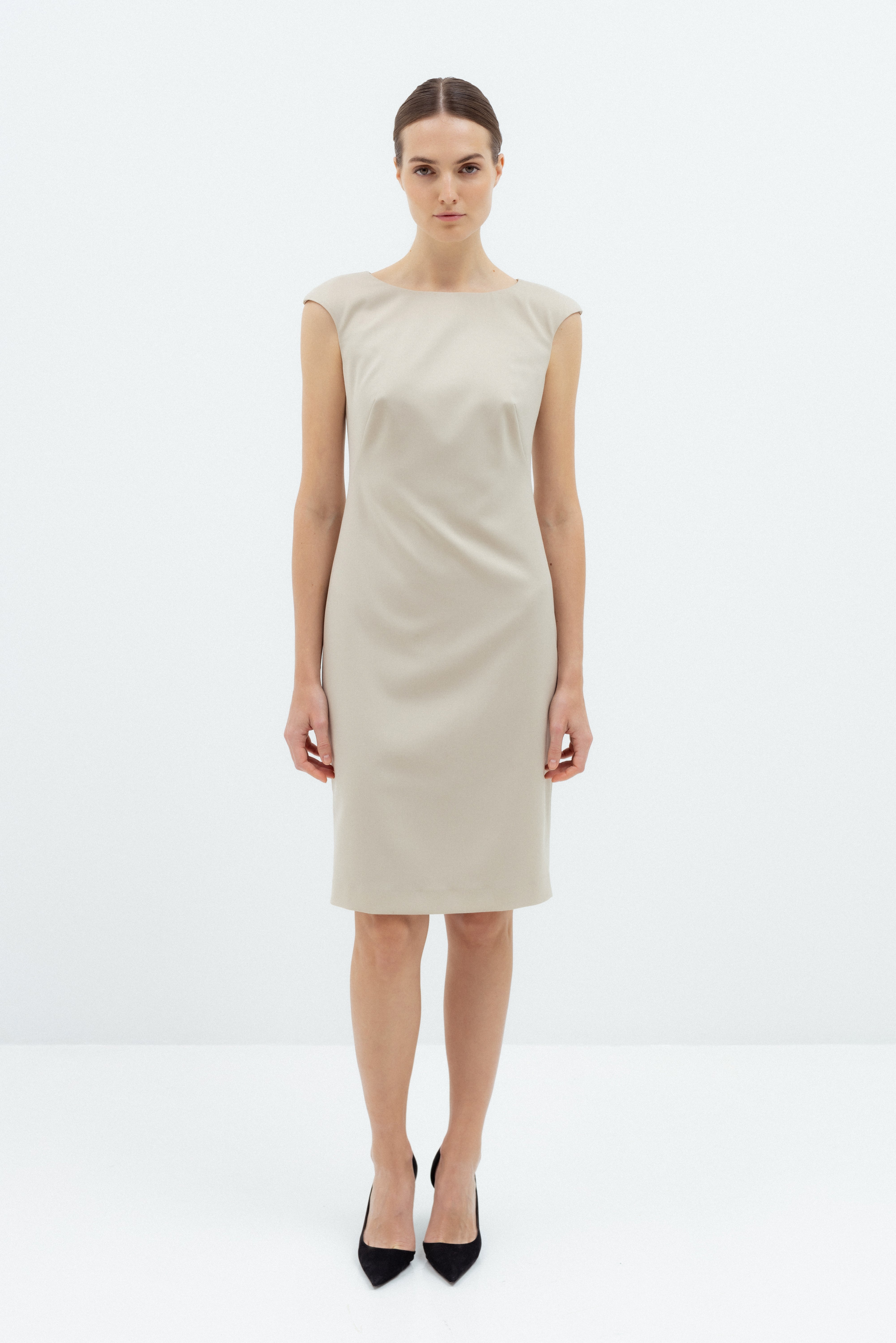 BEIGE FITTED SLEEVELESS DRESS