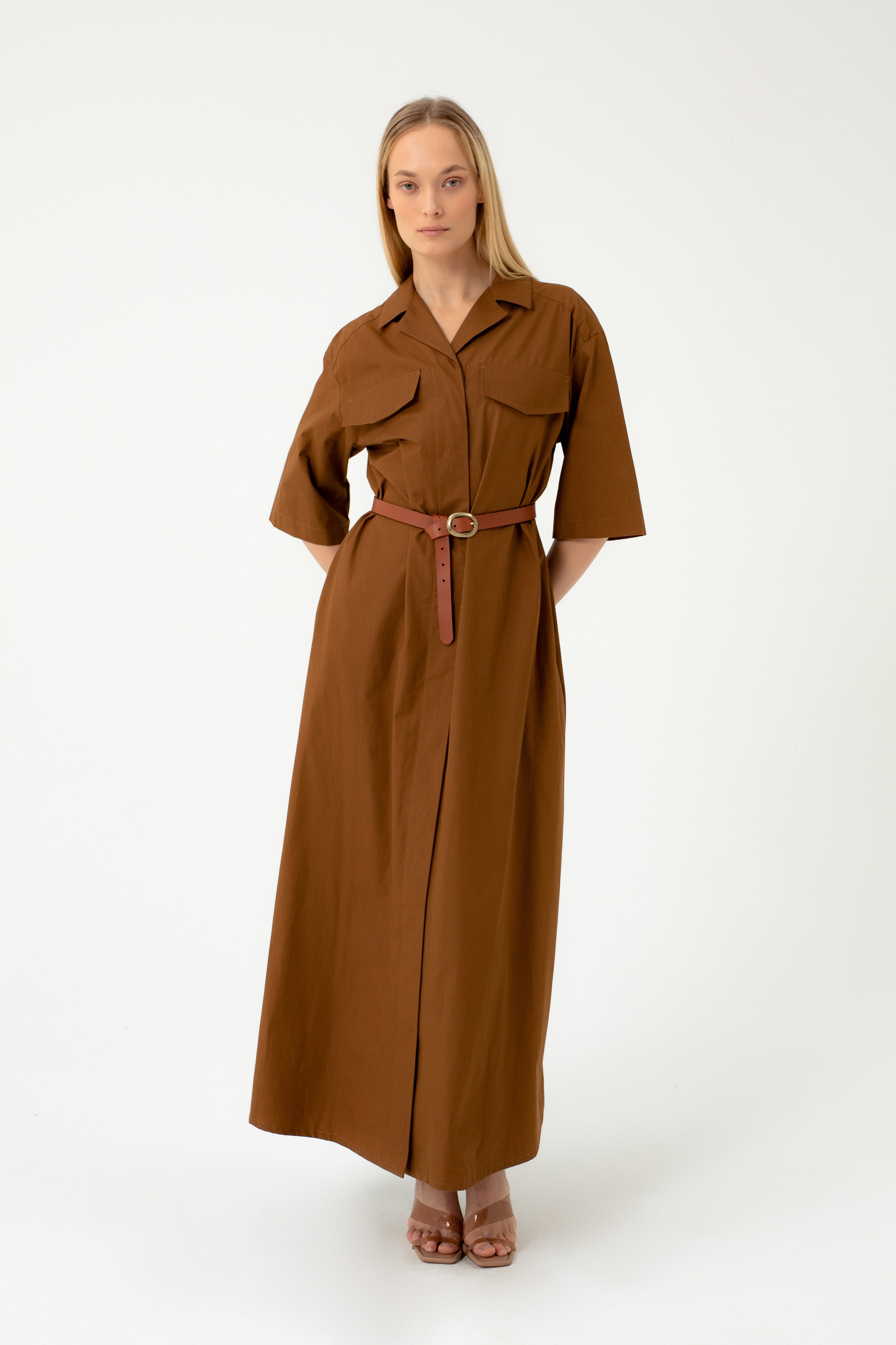MAXI CAMEL DRESS WITH FRONT POCKETS