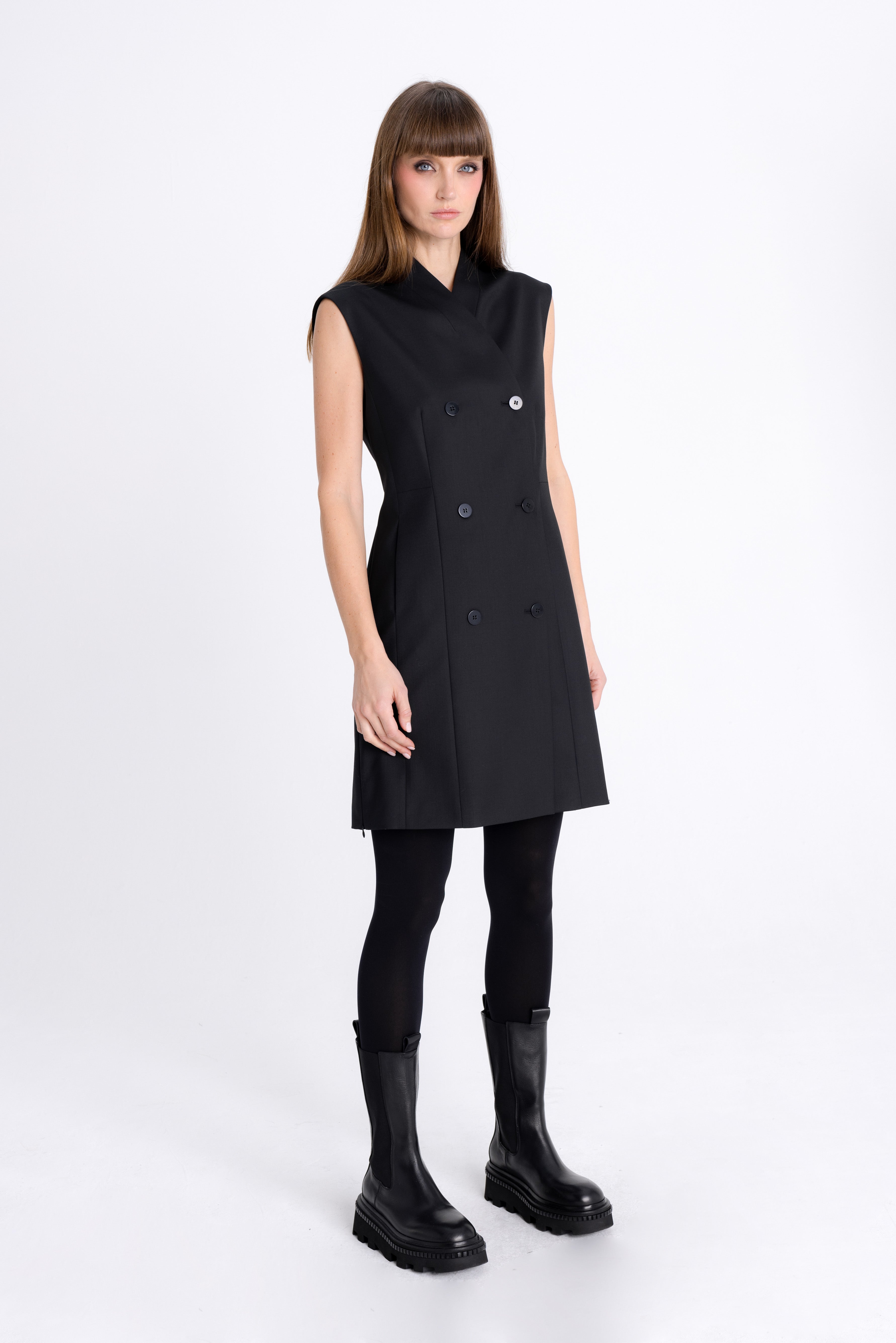 DOUBLE-BREASTED BLACK SLEEVELESS DRESS