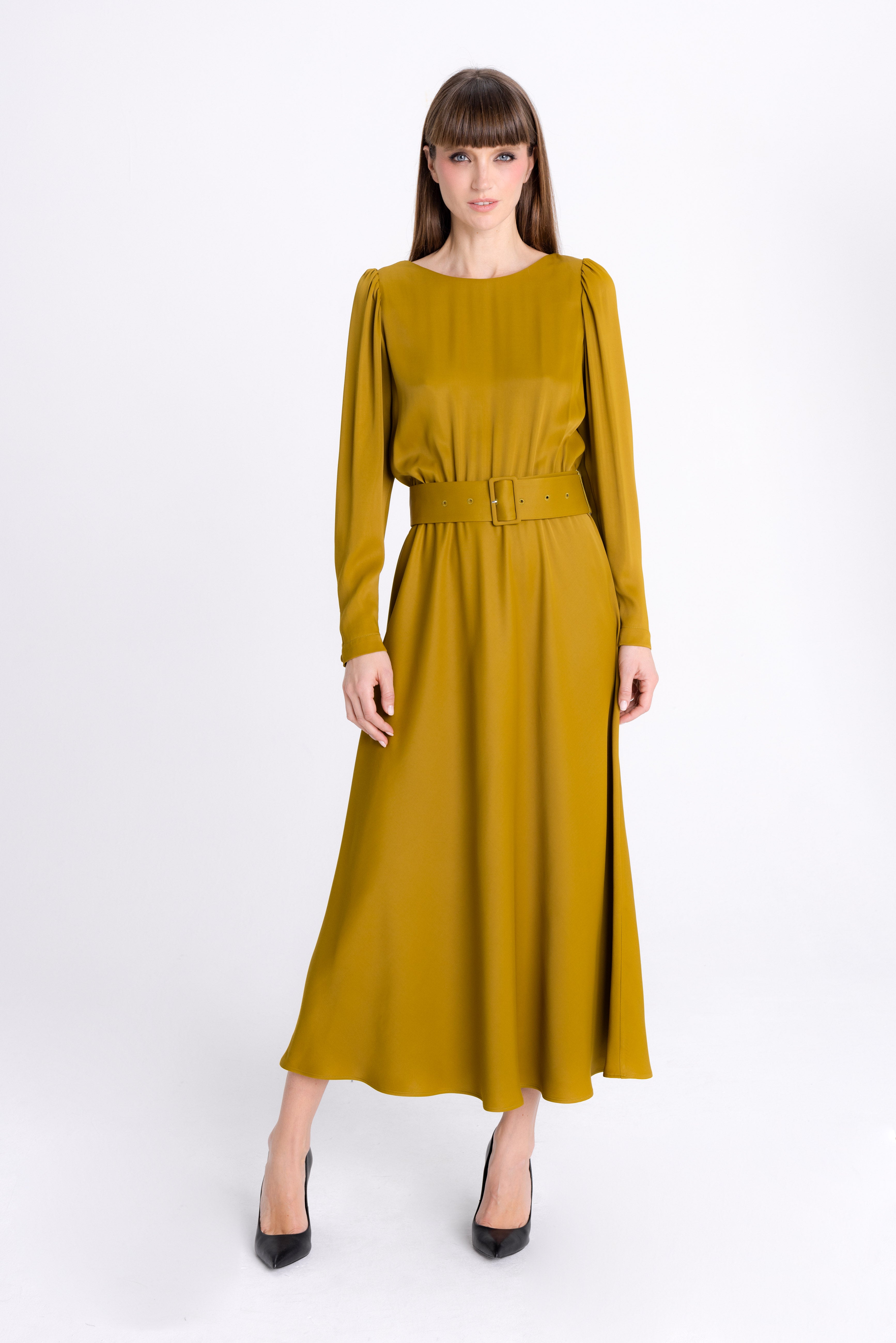 DARK MUSTARD MIDI DRESS WITH DECORATIVE CUFFS