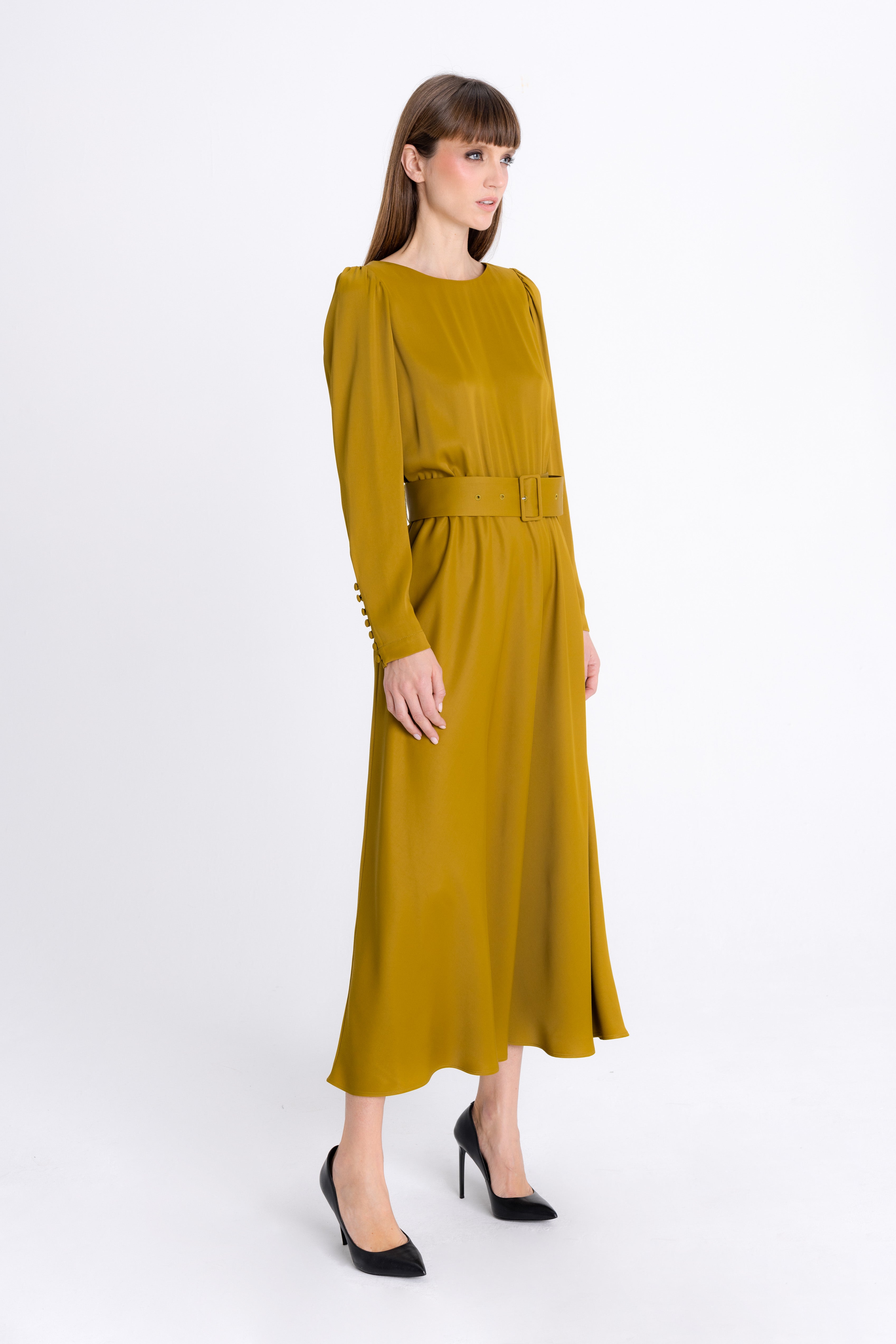 DARK MUSTARD MIDI DRESS WITH DECORATIVE CUFFS