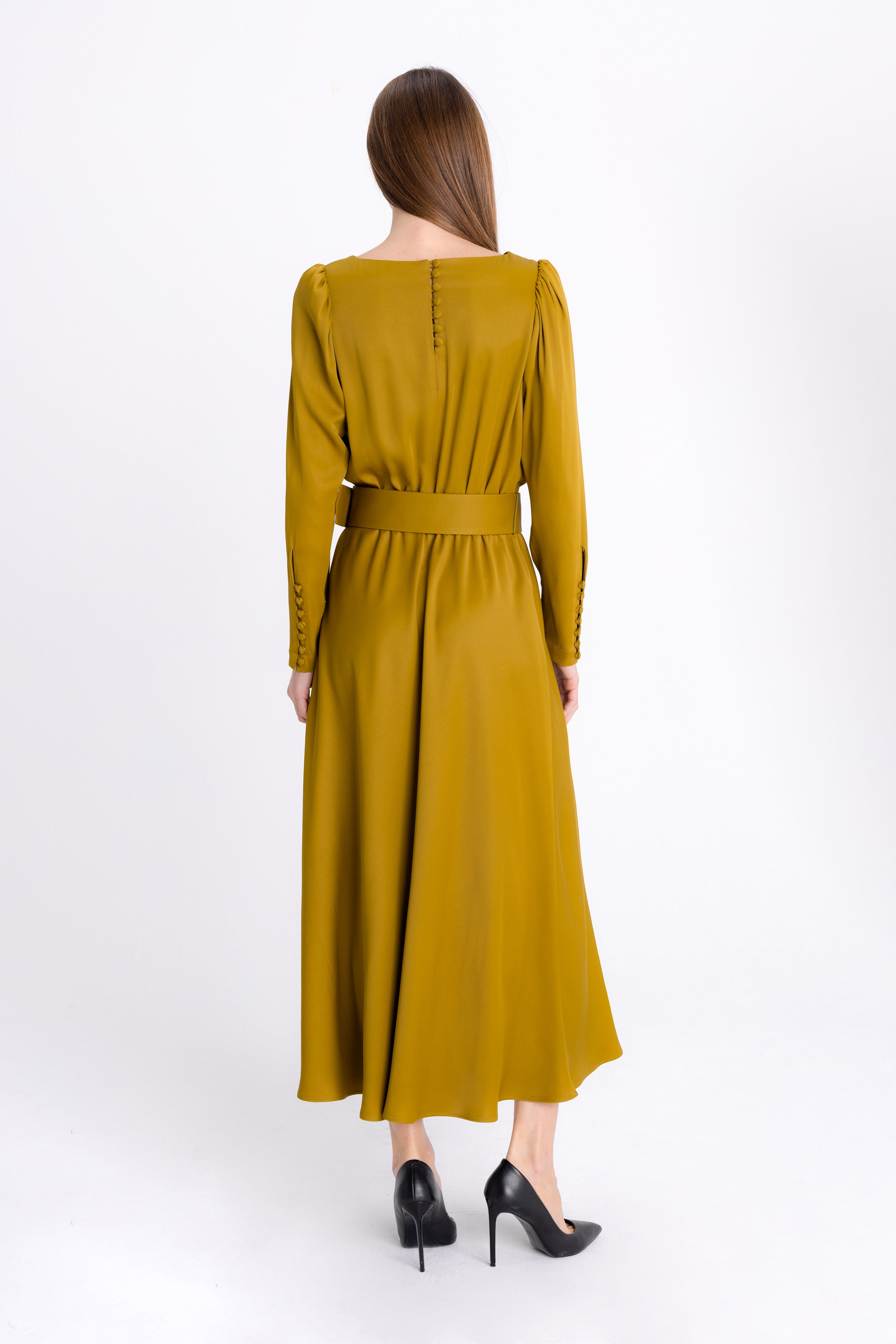 DARK MUSTARD MIDI DRESS WITH DECORATIVE CUFFS