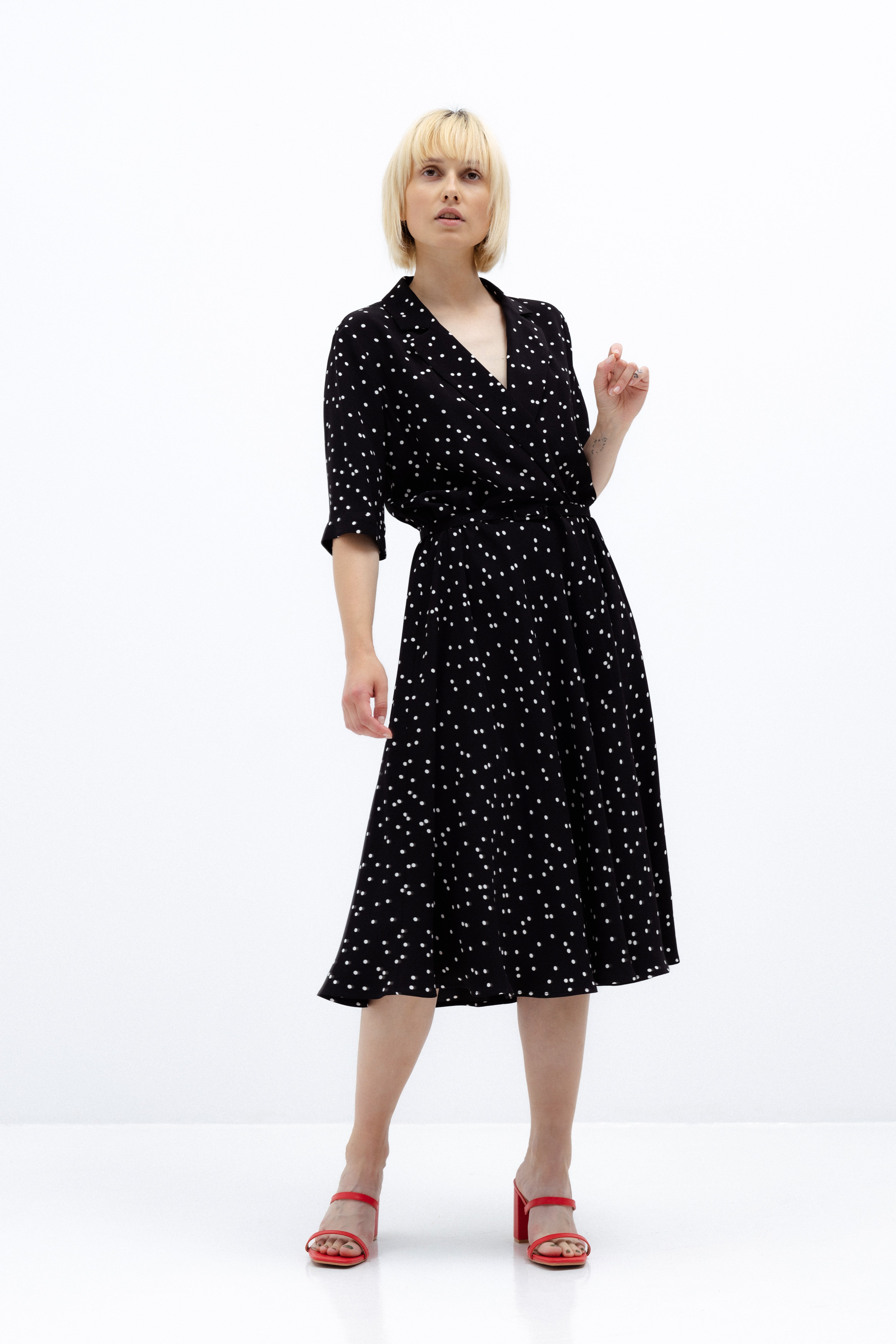 BLACK MIDI POLKA-DOT DRESS WITH BELT