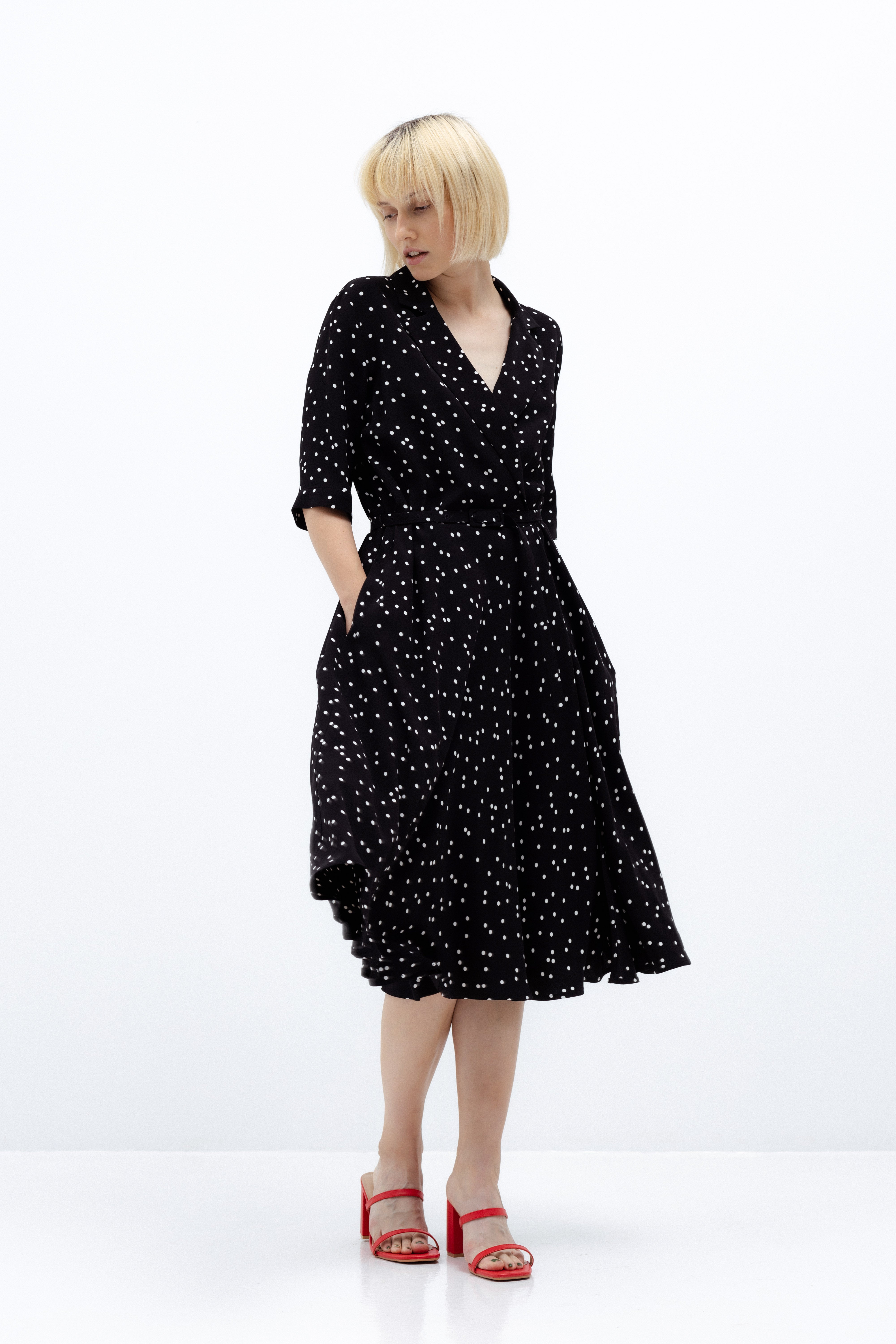 BLACK MIDI POLKA-DOT DRESS WITH BELT
