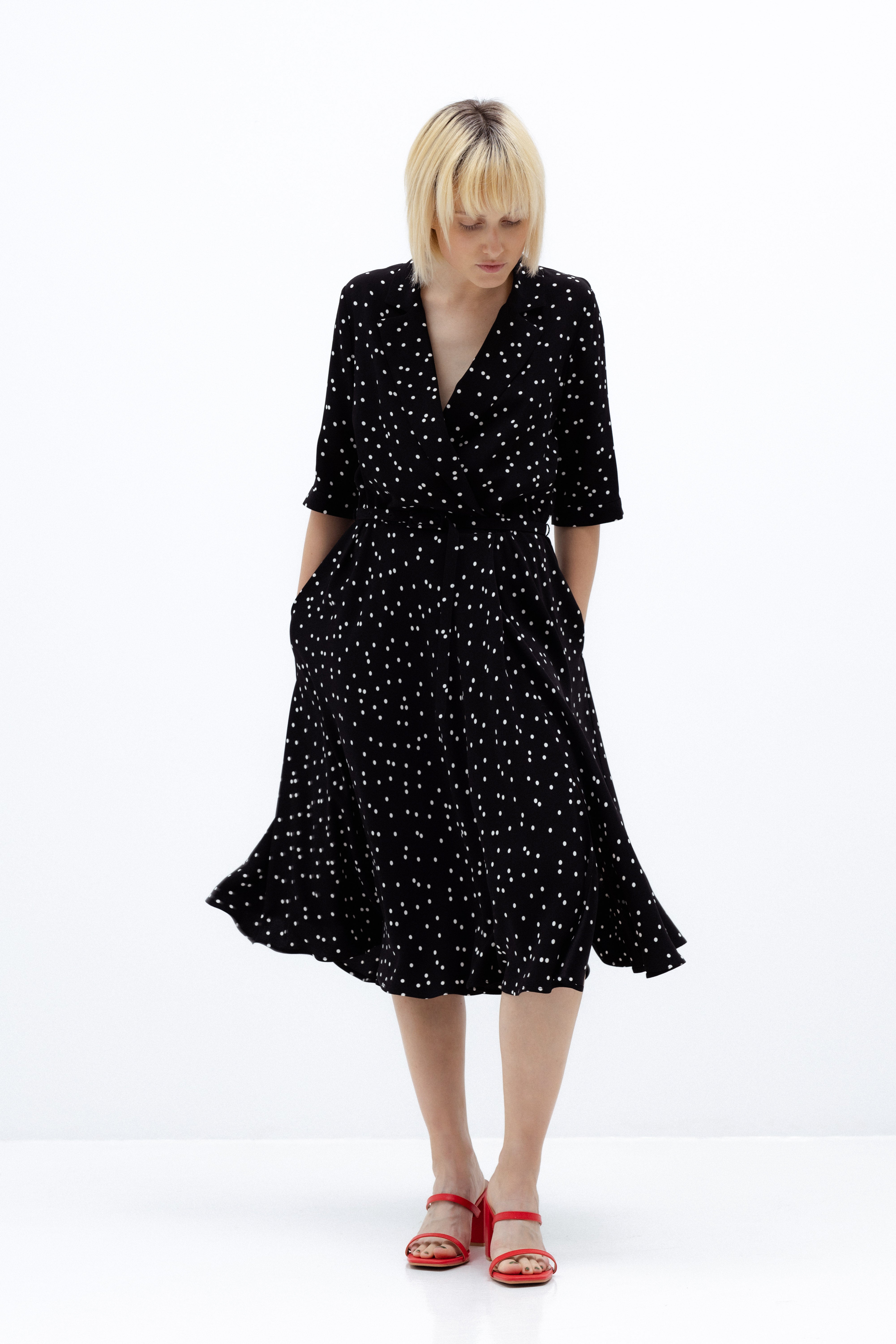 BLACK MIDI POLKA-DOT DRESS WITH BELT