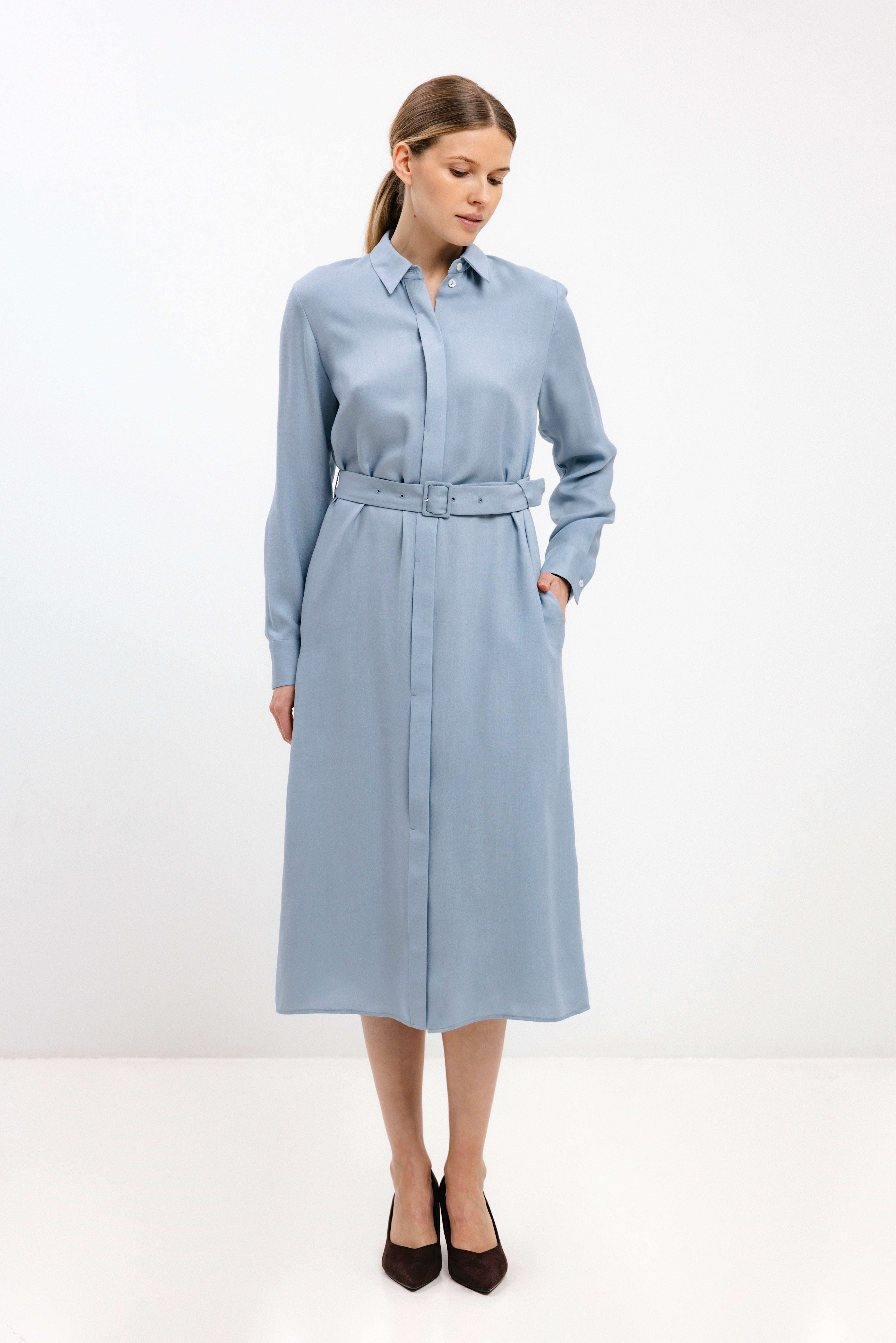 DUST BLUE BELTED SHIRT DRESS