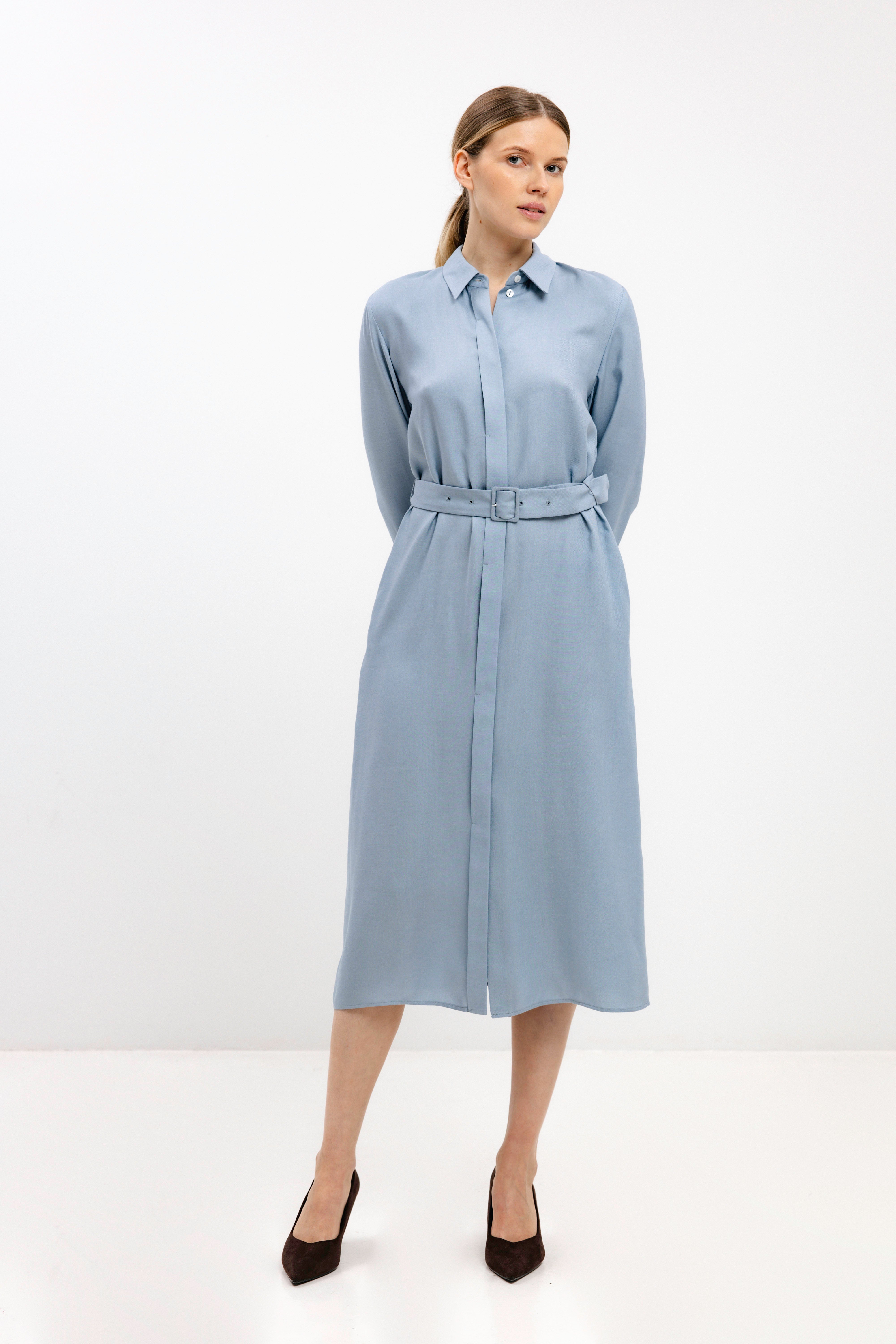 DUST BLUE BELTED SHIRT DRESS