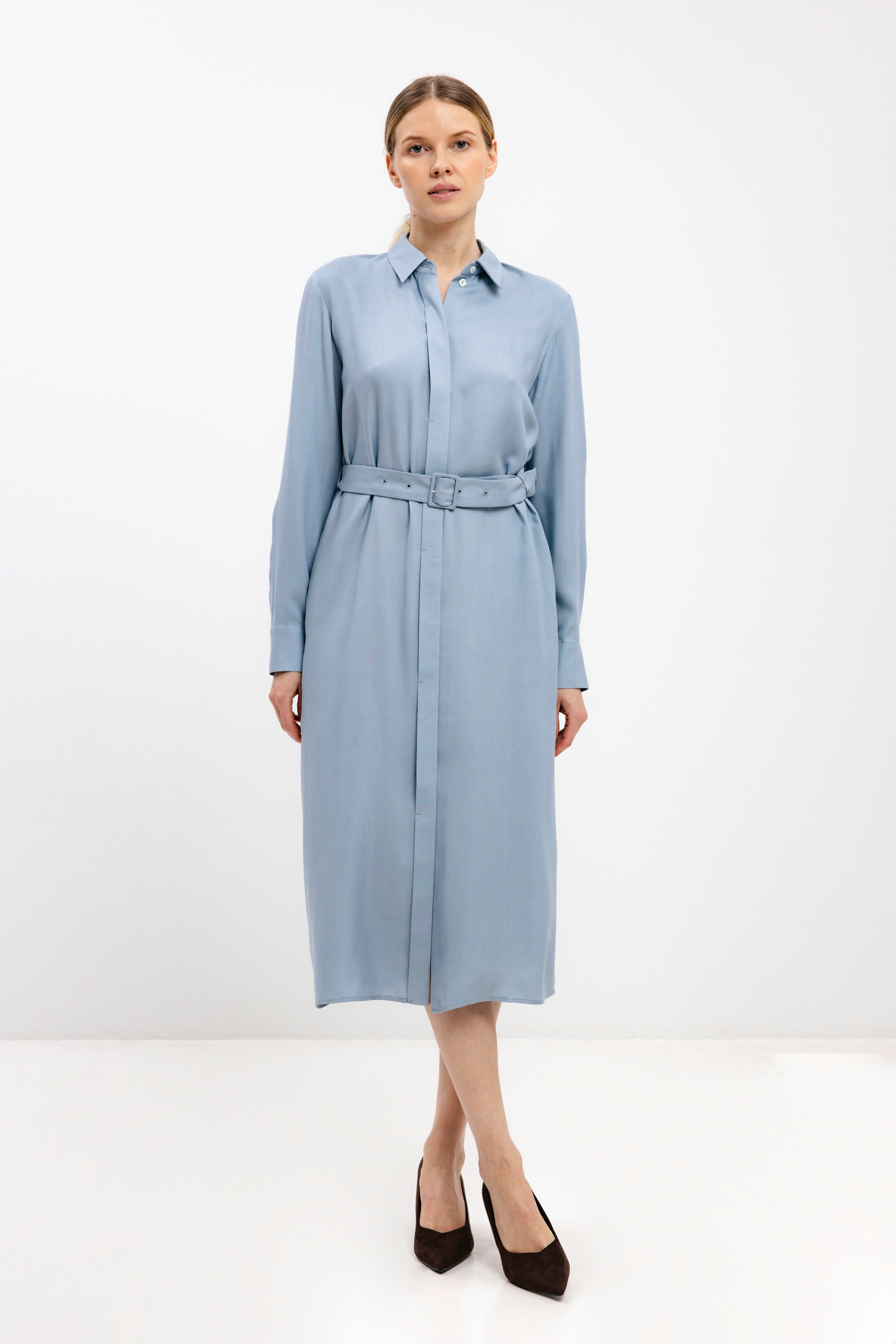 DUST BLUE BELTED SHIRT DRESS