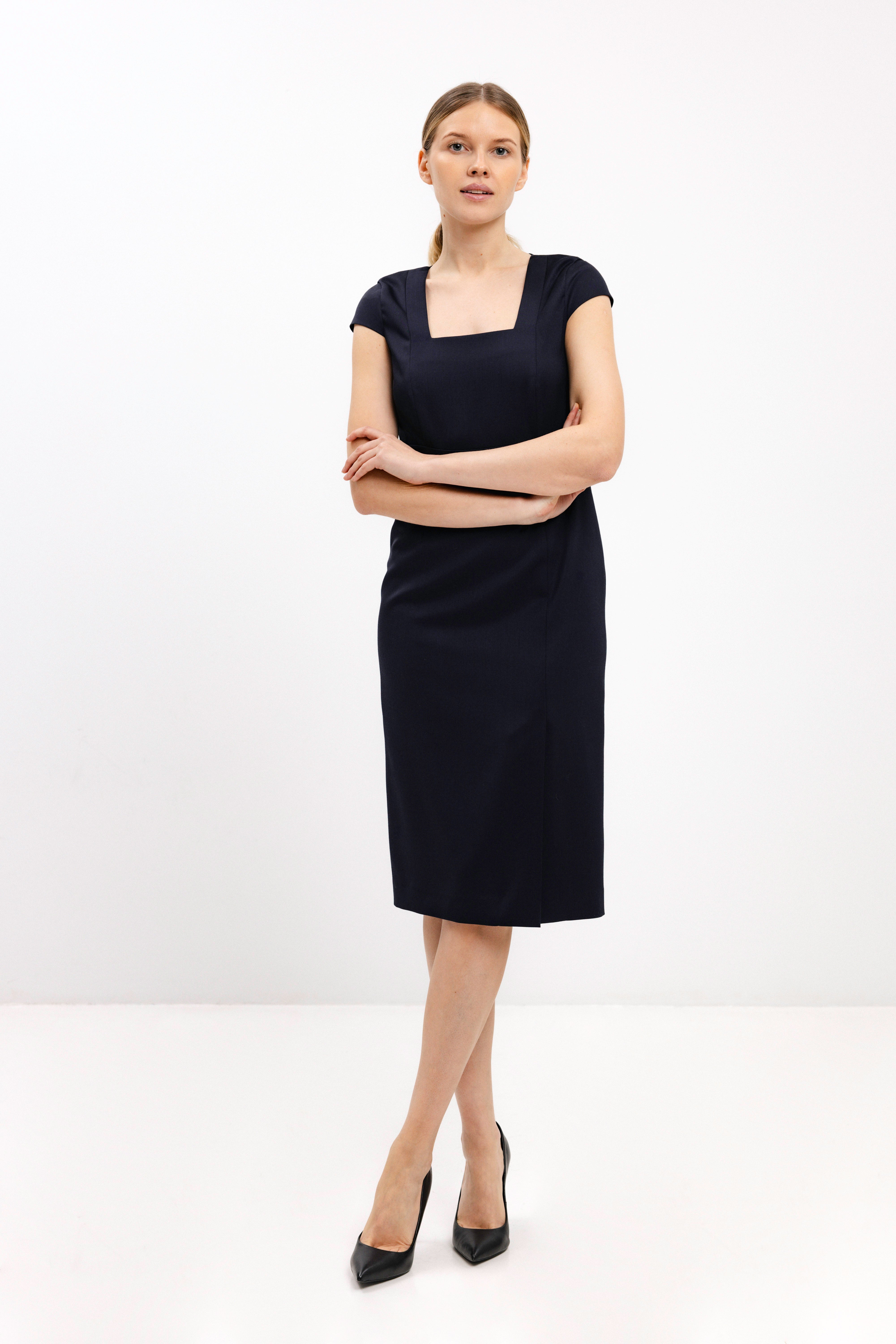 NAVY FITTED DRESS WITH SQUARE NECKLINE