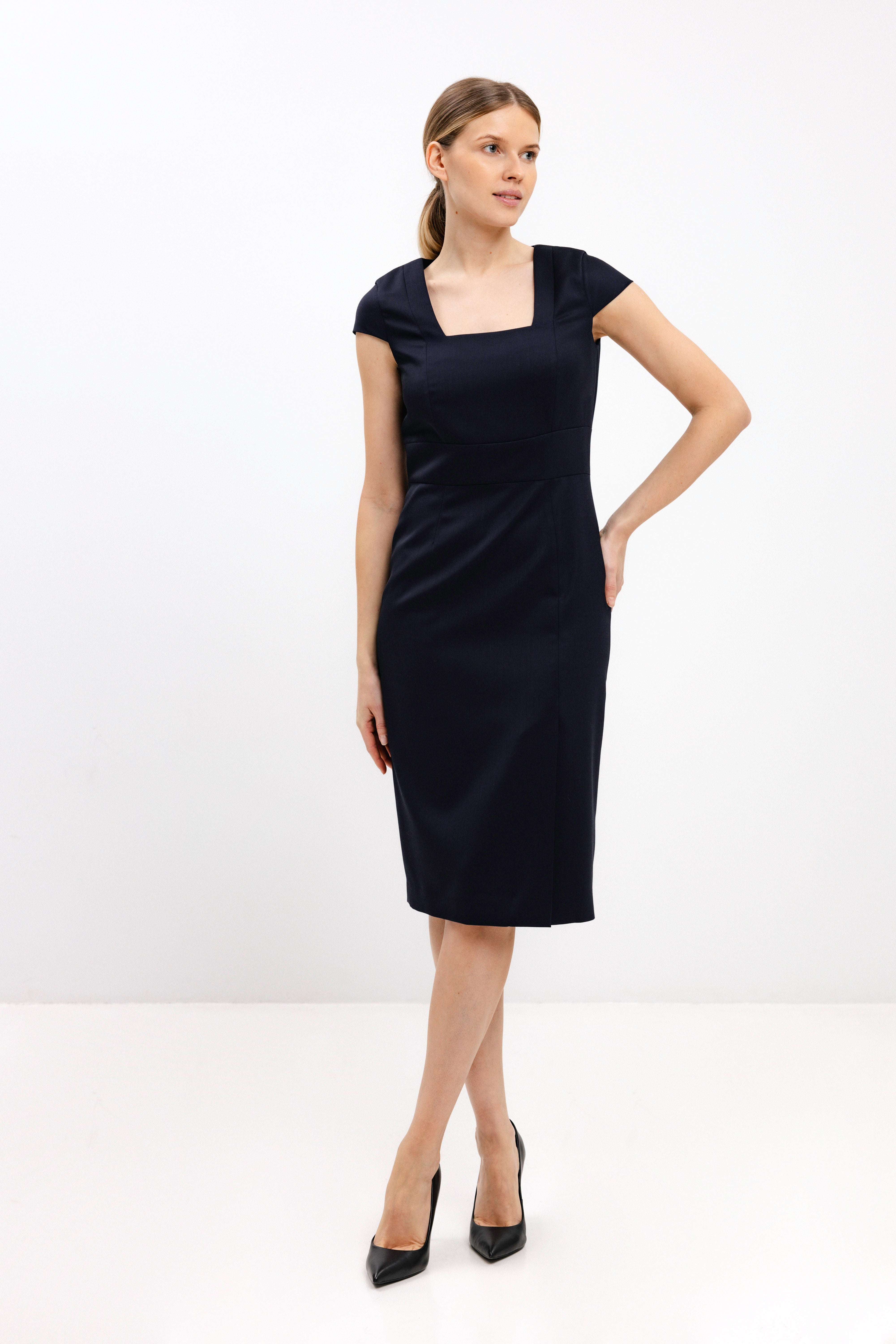 NAVY FITTED DRESS WITH SQUARE NECKLINE