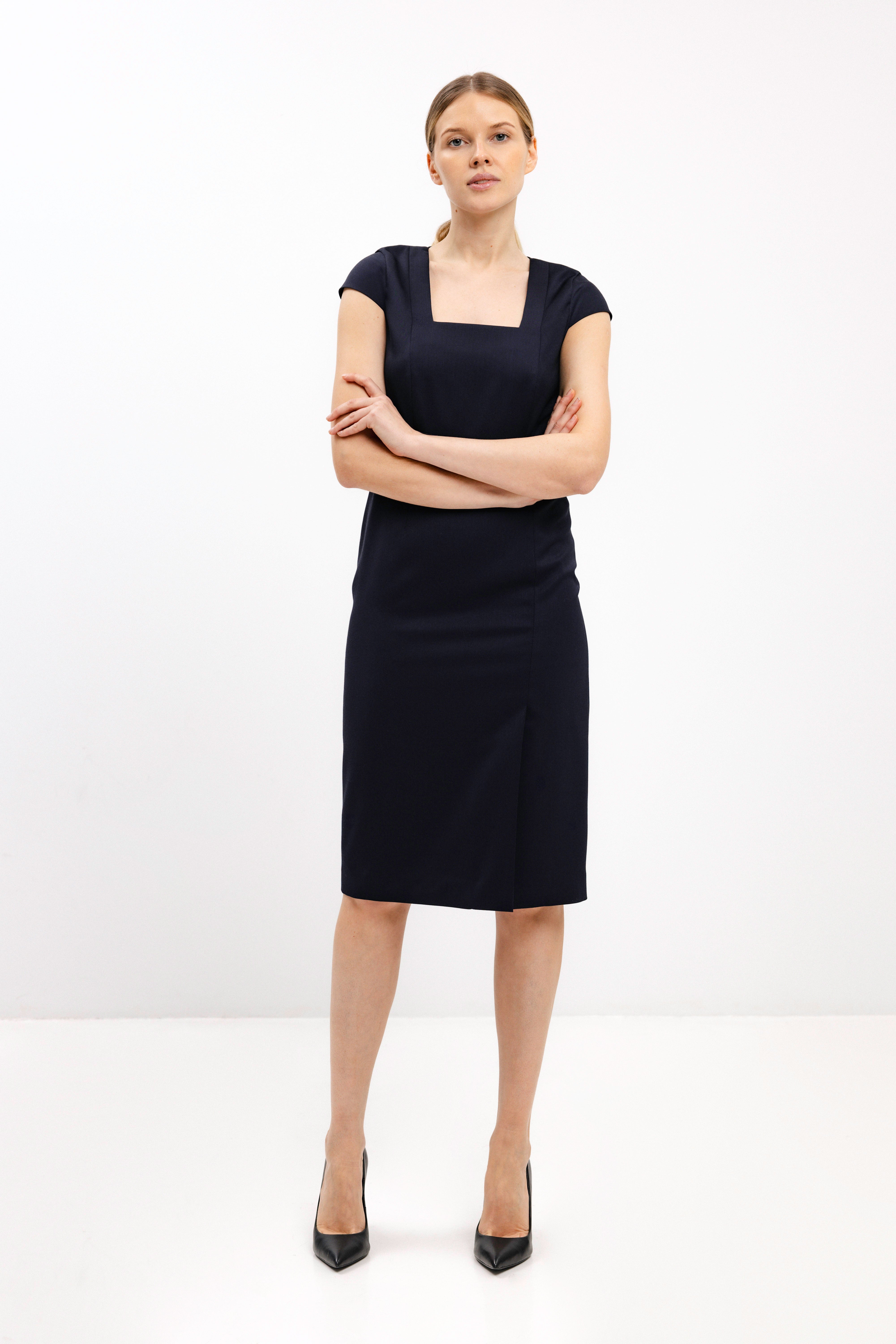 NAVY FITTED DRESS WITH SQUARE NECKLINE