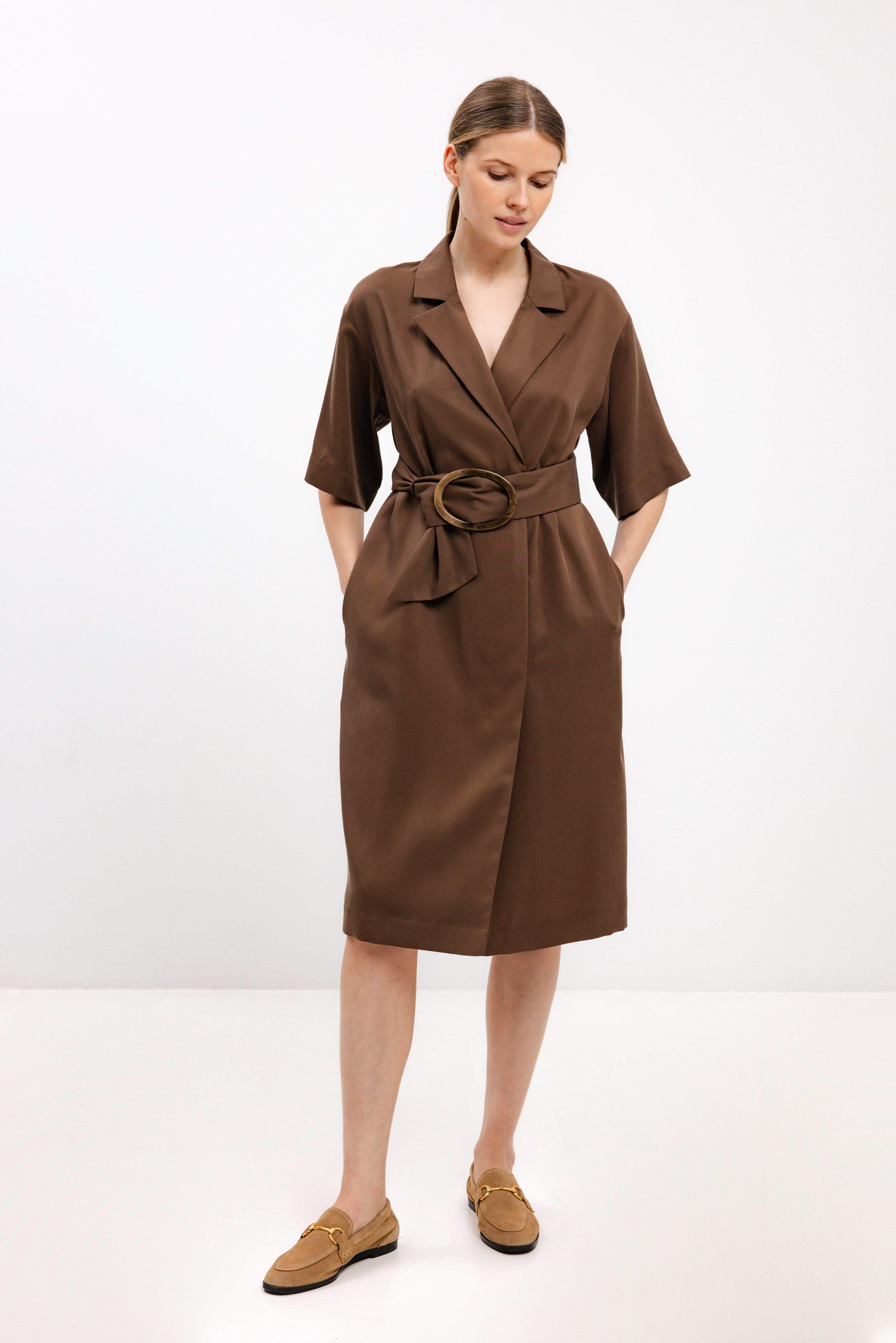 BELTED NUT BROWN WRAP DRESS WITH BELT