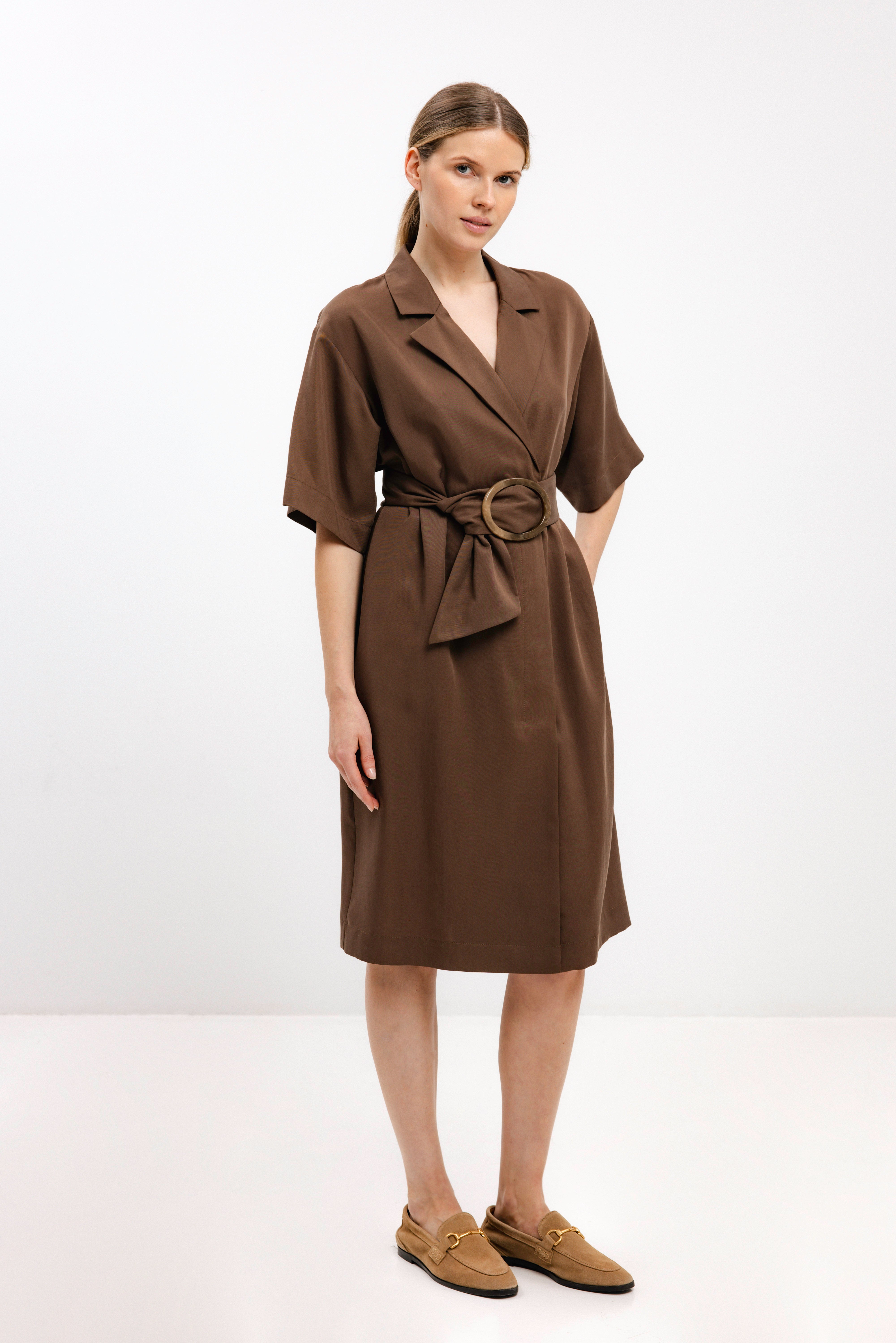 BELTED NUT BROWN WRAP DRESS WITH BELT