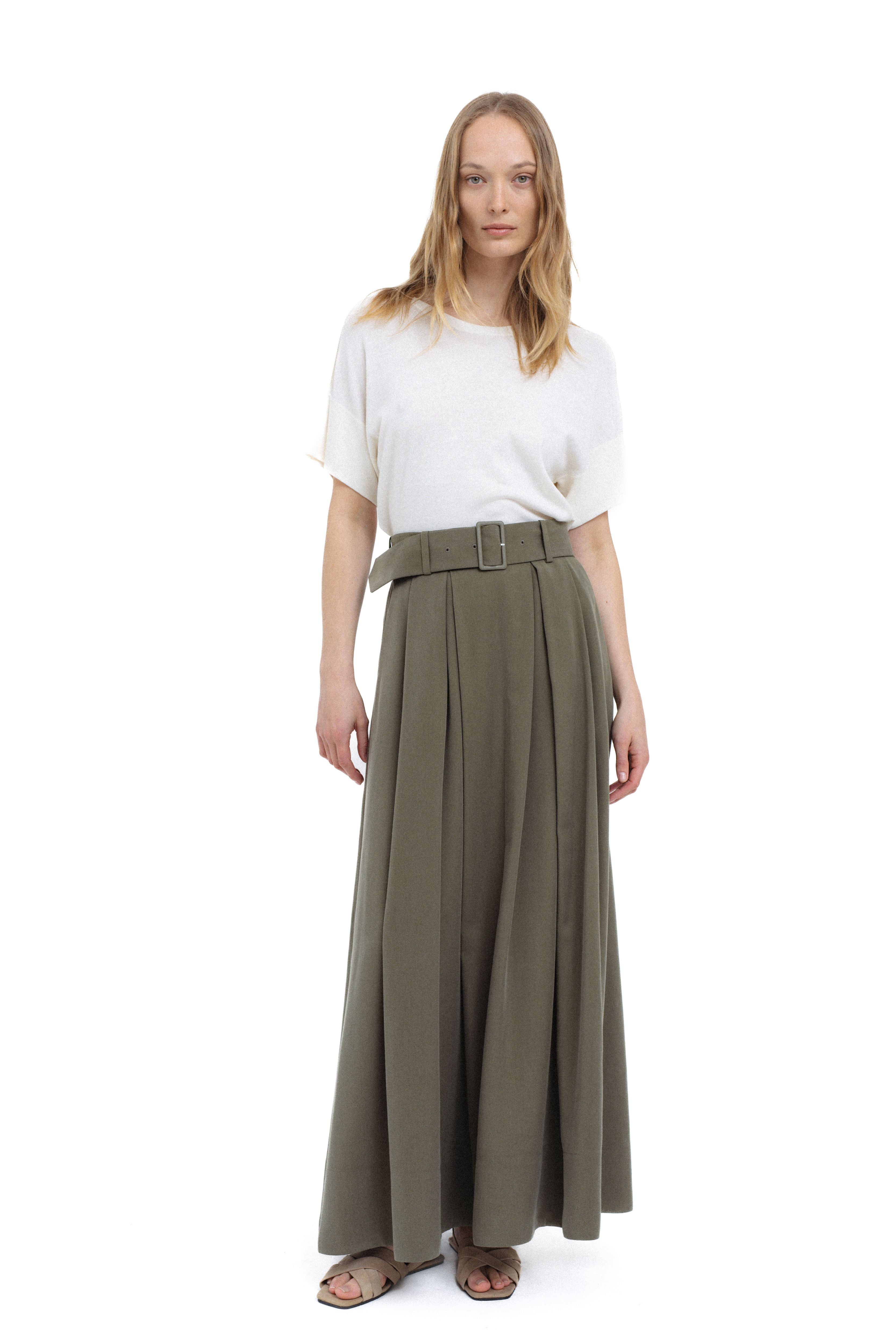 KHAKI MAXI PLEATED SKIRT – InAvati