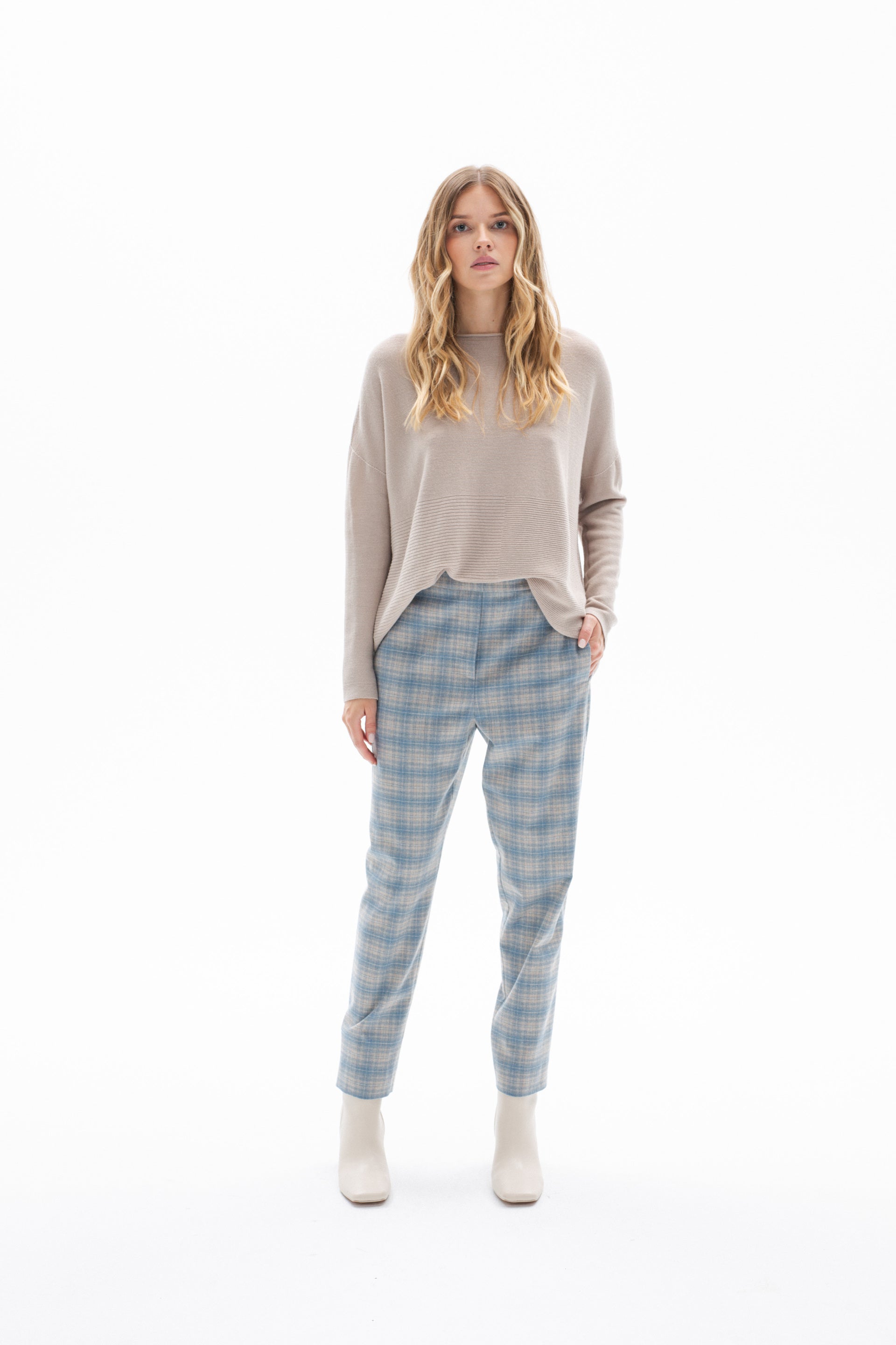 SKY BLUE PLEAT FRONT TROUSERS IN CHECKS