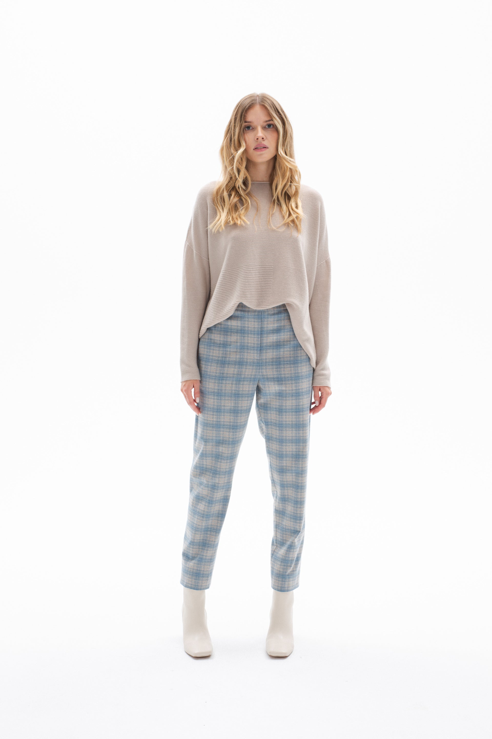 SKY BLUE PLEAT FRONT TROUSERS IN CHECKS