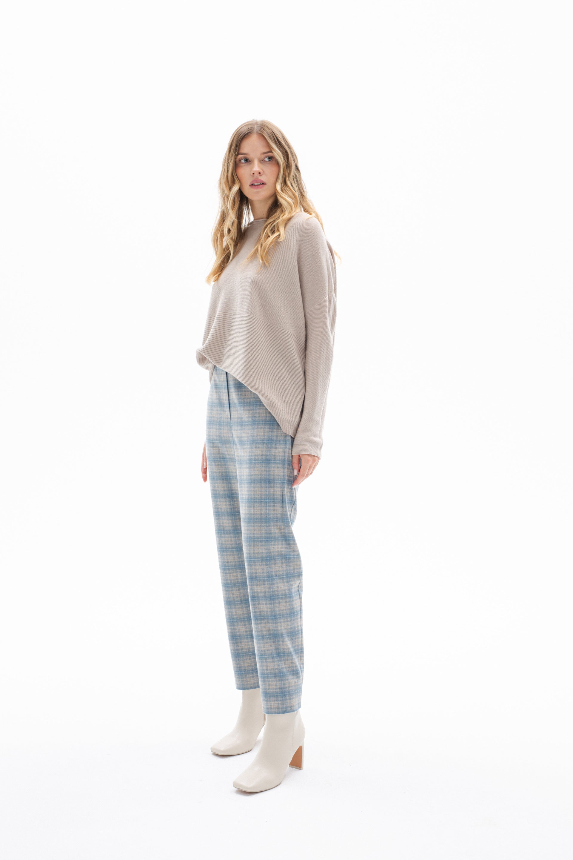 SKY BLUE PLEAT FRONT TROUSERS IN CHECKS