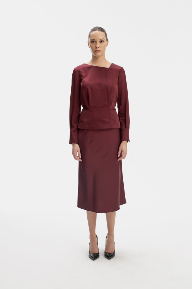 ASYMMETRIC NECK LONG SLEEVE BLOUSE IN BURGUNDY