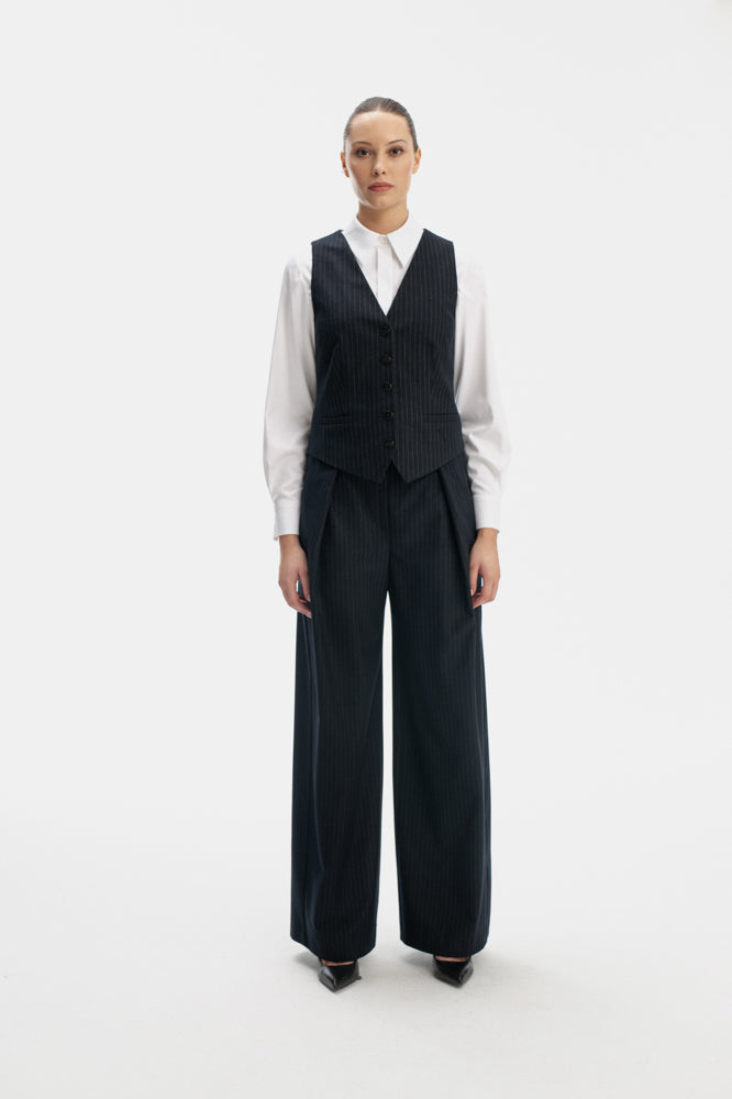 WIDE LEG NAVY TROUSERS IN STRIPE
