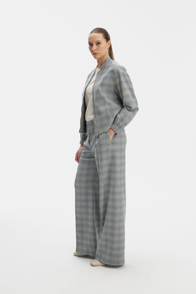 SKY BLUE BOMBER BLAZER IN CHECKS