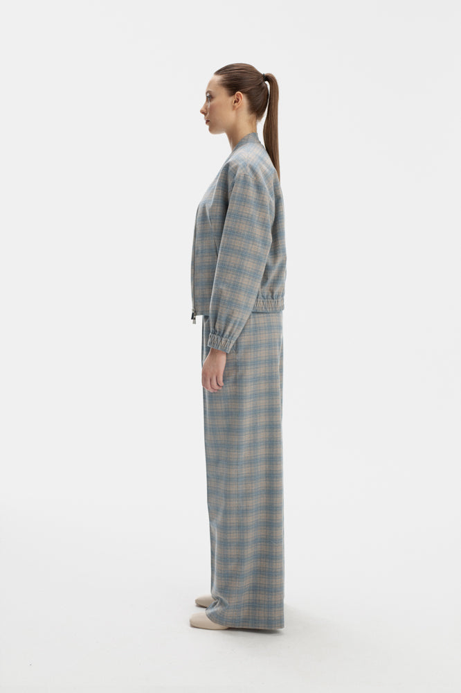 SKY BLUE BOMBER BLAZER IN CHECKS