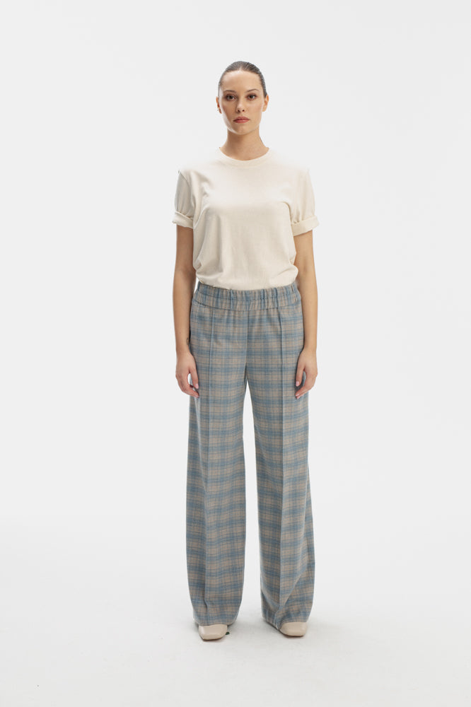 STRAIGHT LEG SKY BLUE TROUSERS IN CHECKS