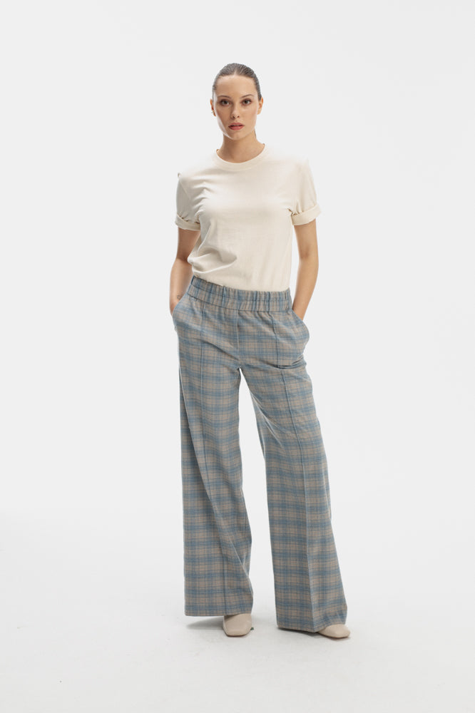 STRAIGHT LEG SKY BLUE TROUSERS IN CHECKS