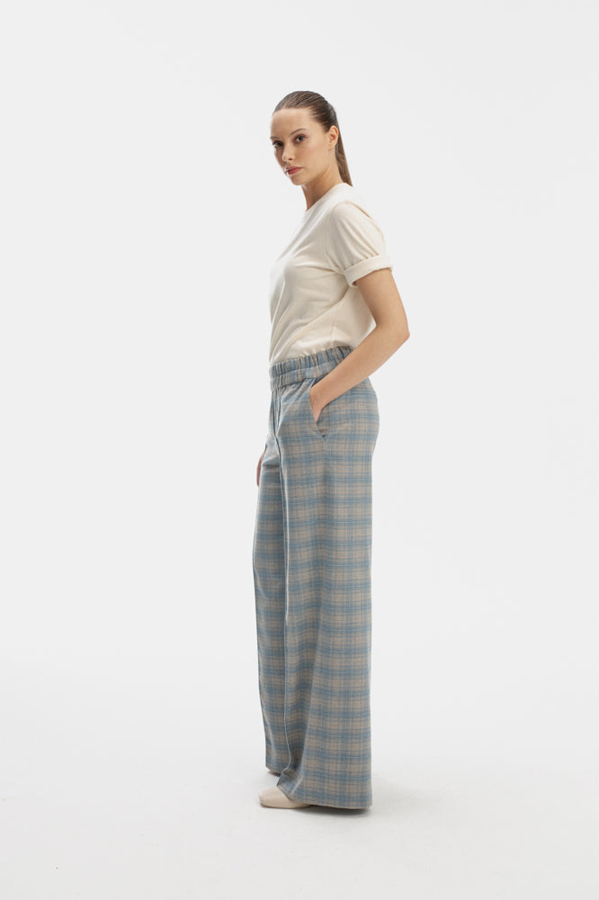 STRAIGHT LEG SKY BLUE TROUSERS IN CHECKS