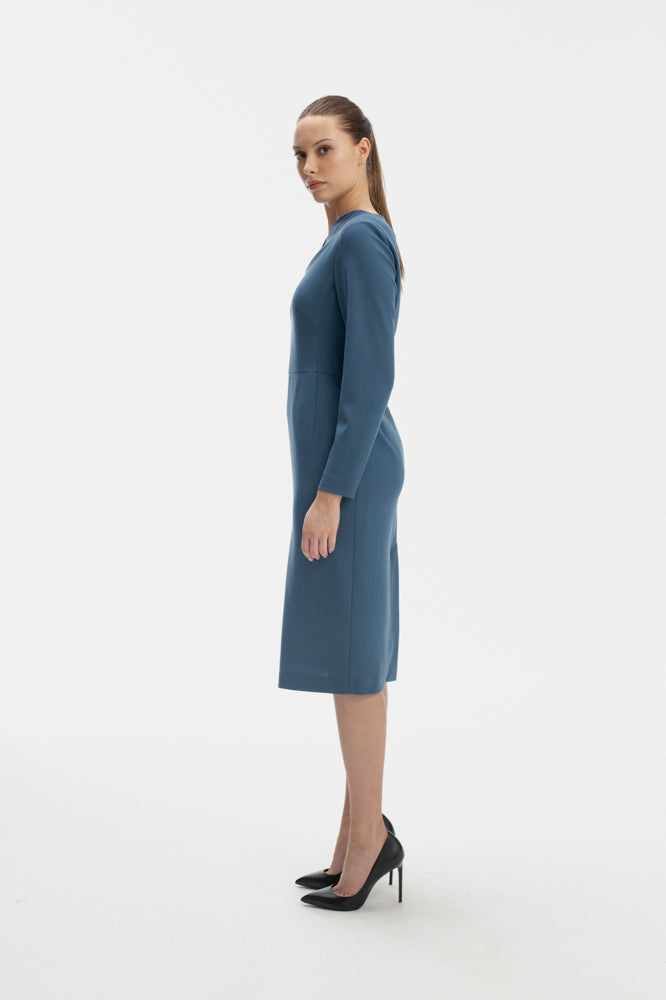 REAL TEAL WOOLEN LONG-SLEEVE MIDI DRESS