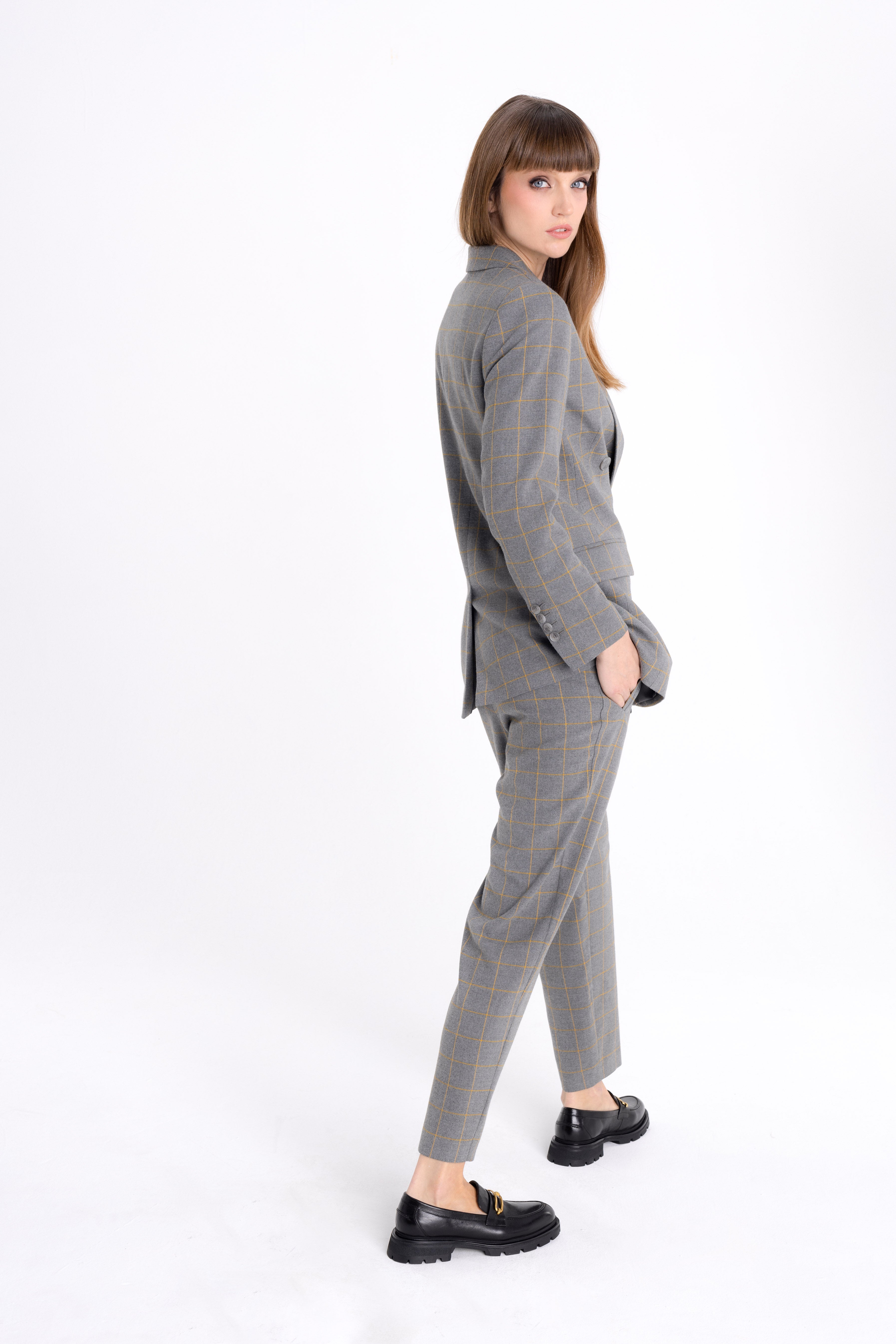 DOUBLE BREASTED CHECKED GREY BLAZER