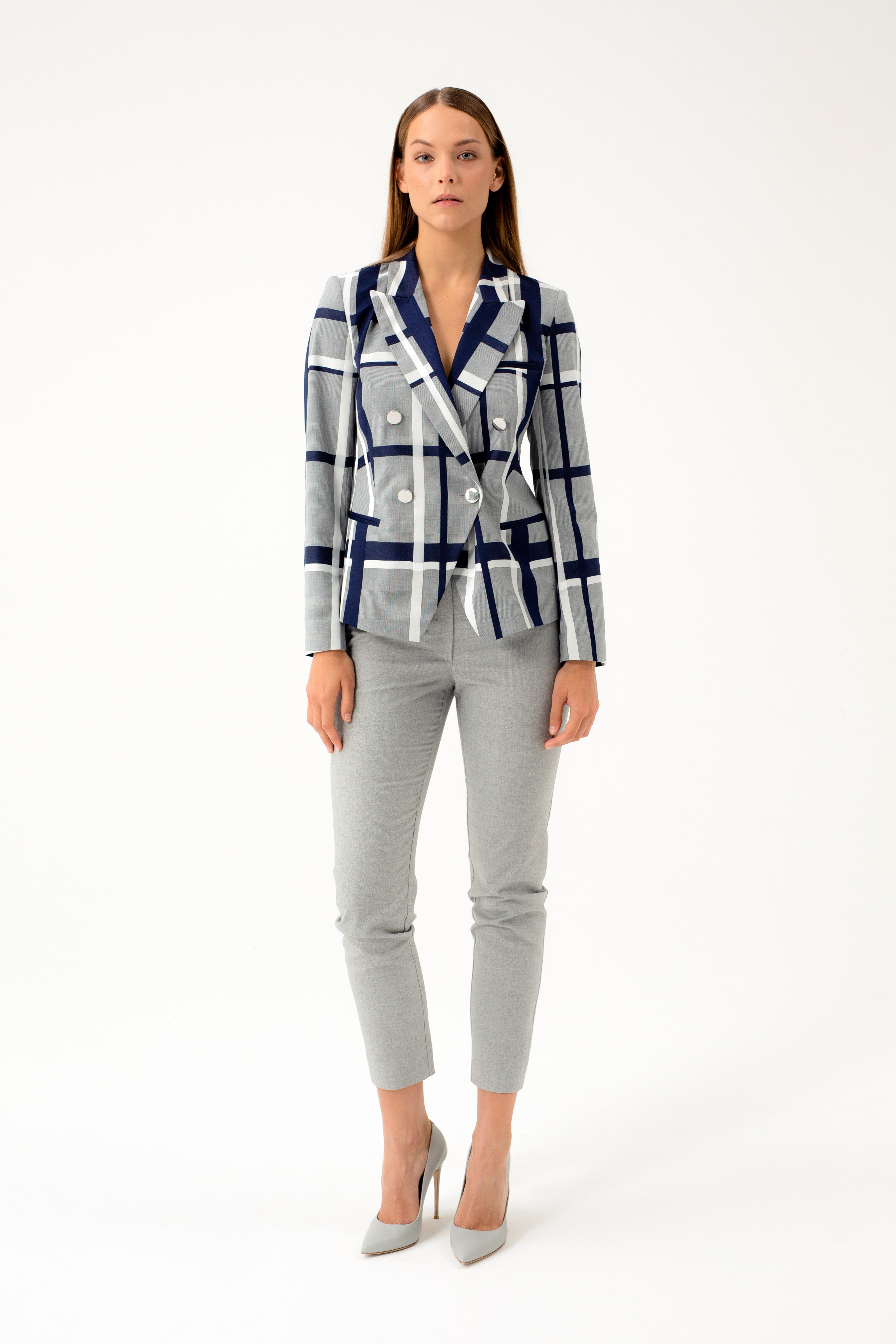 BLUE SHADE CHECKED DOUBLE-BREASTED BLAZER