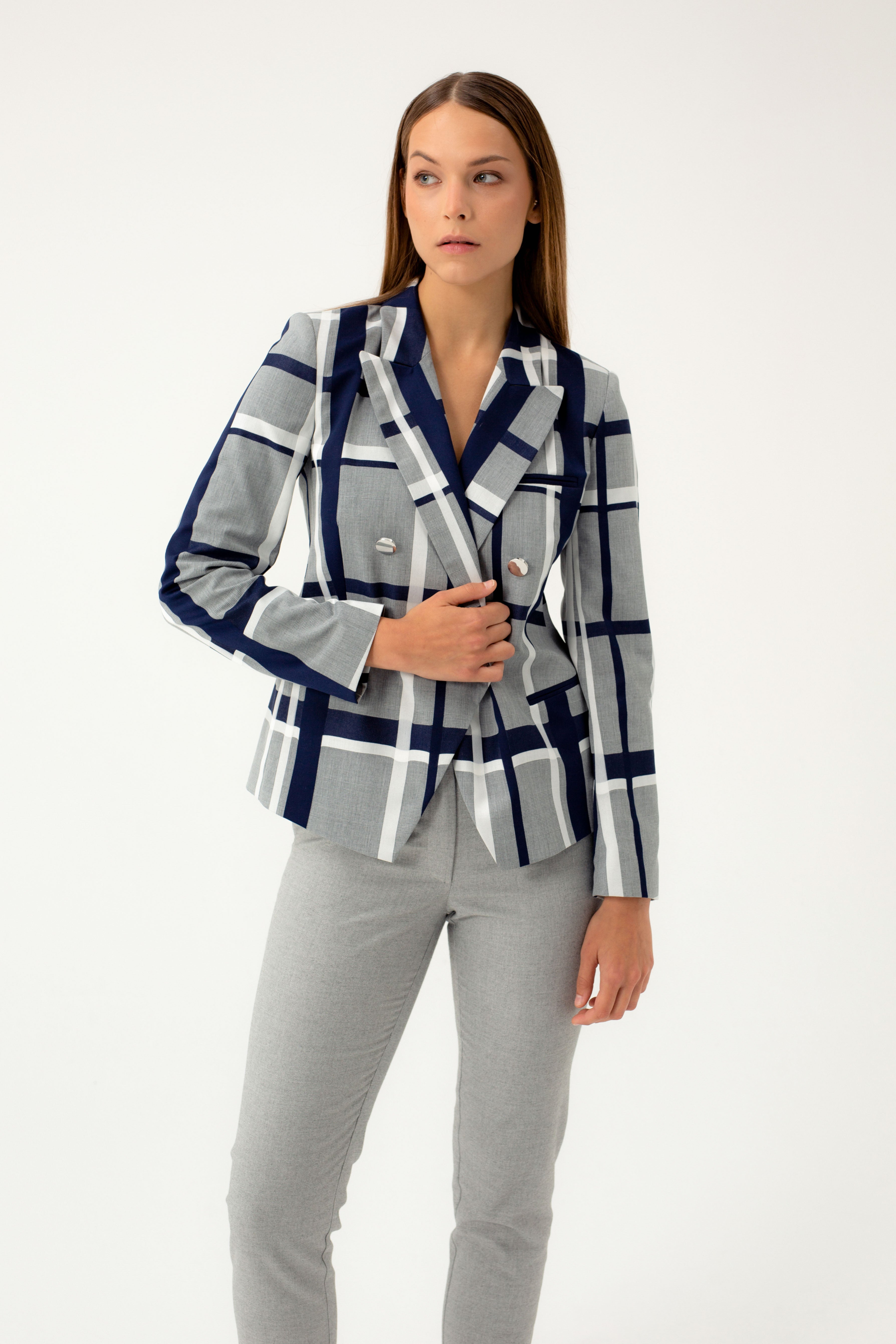 BLUE SHADE CHECKED DOUBLE-BREASTED BLAZER
