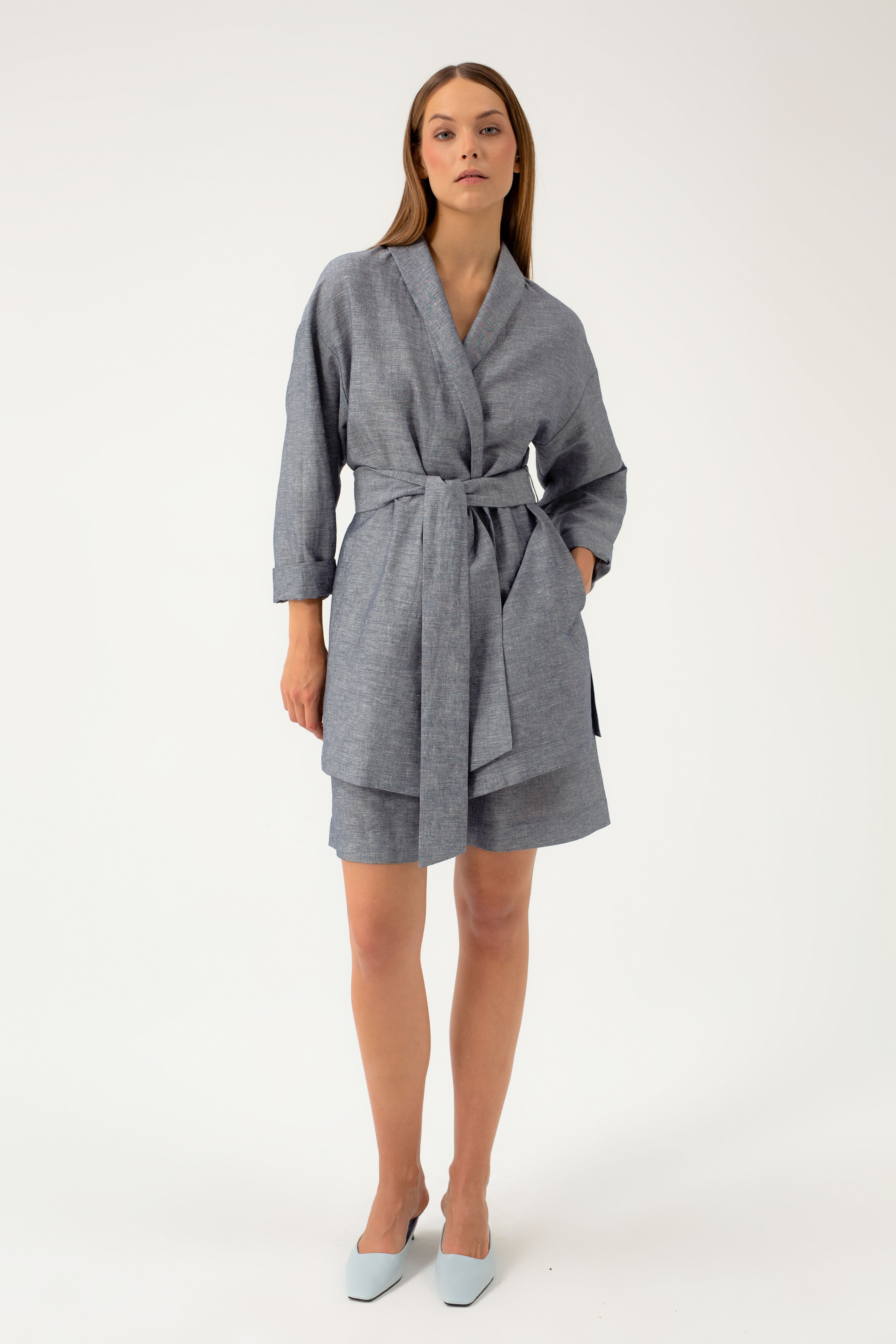 NAVY MELANGE OVERSIZED BLAZER WITH LINEN