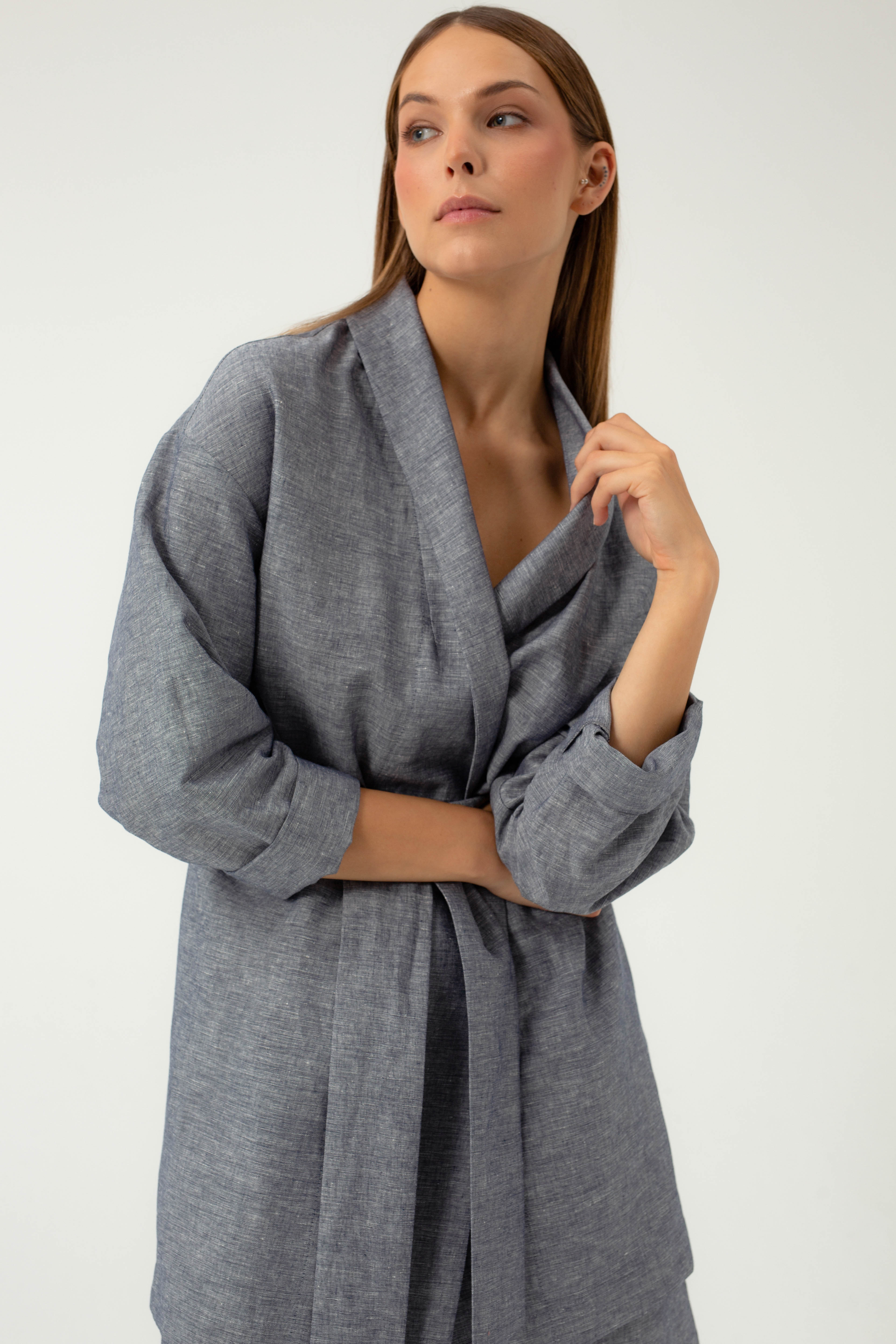 NAVY MELANGE OVERSIZED BLAZER WITH LINEN