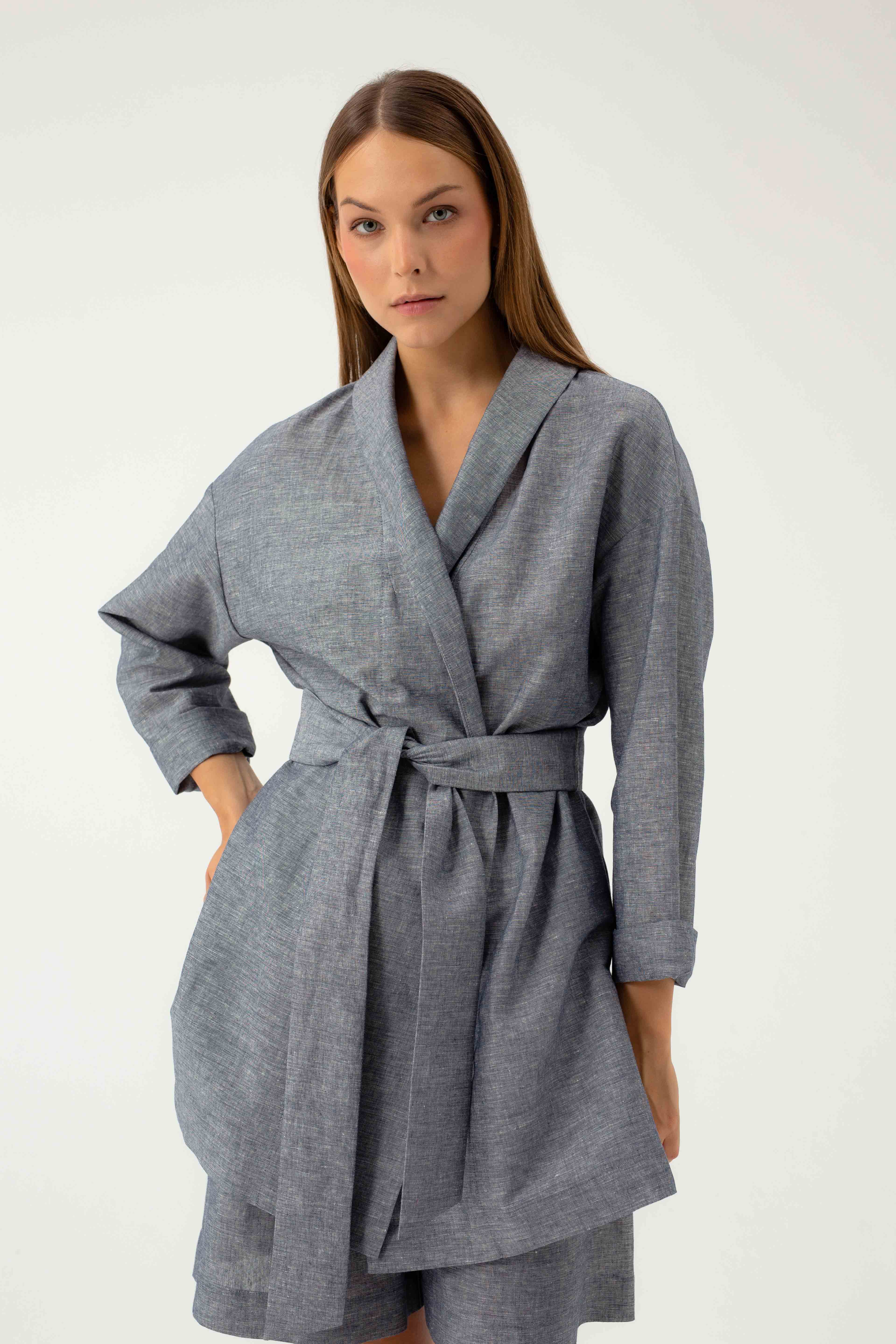 NAVY MELANGE OVERSIZED BLAZER WITH LINEN