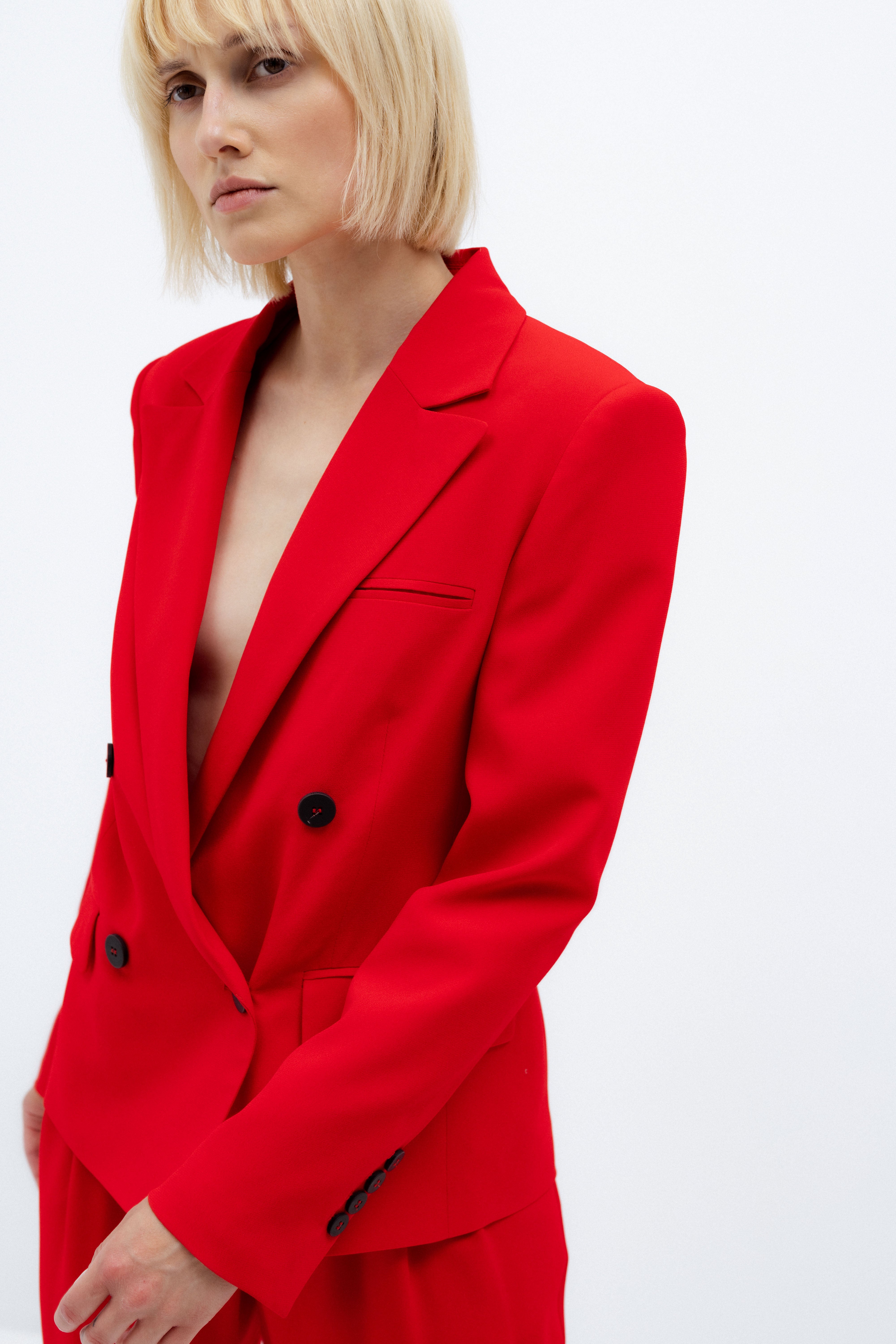 DOUBLE-BREASTED RED BLAZER