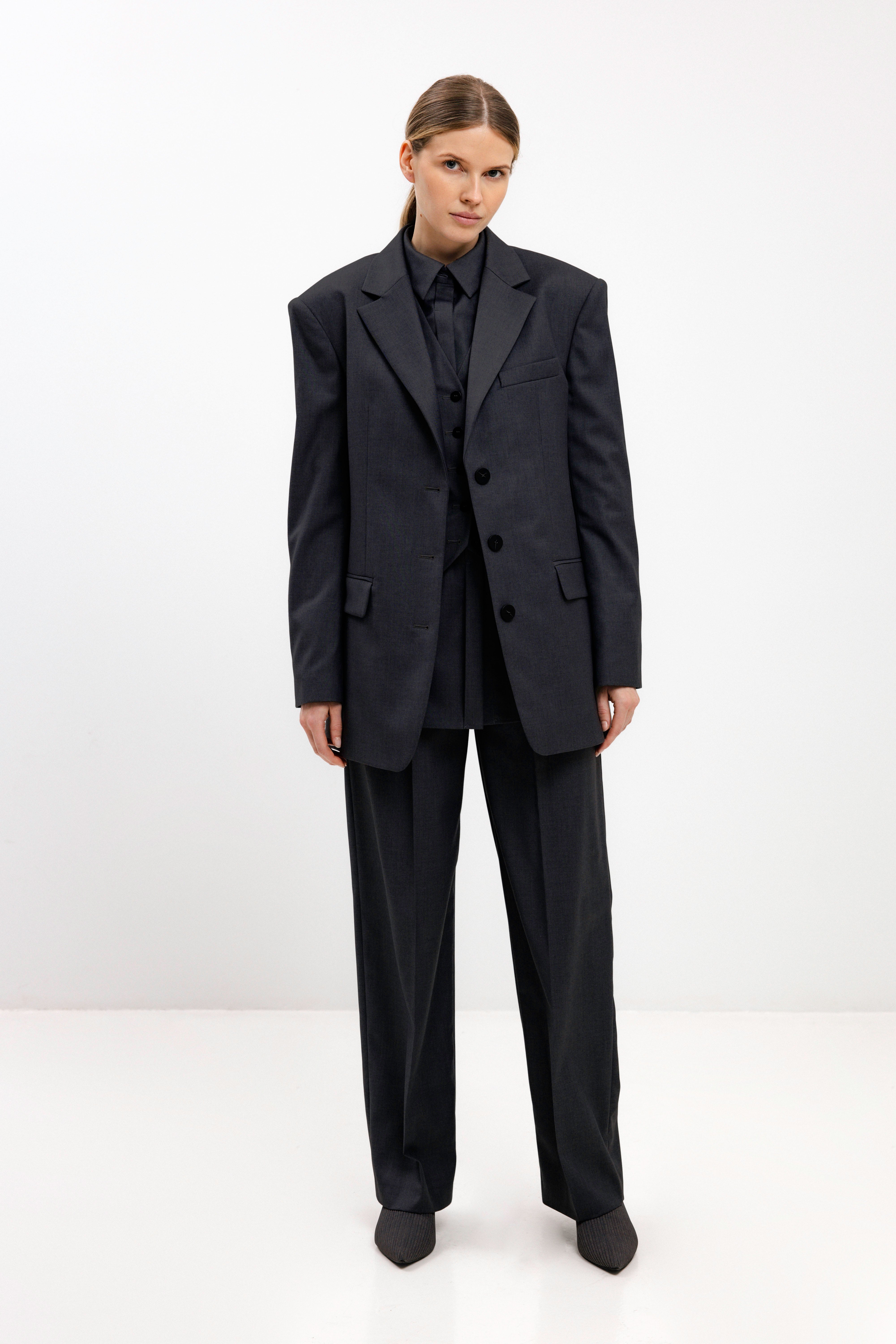 STRAIGHT-CUT DOUBLE-PLEAT BLACK NAVY TROUSERS