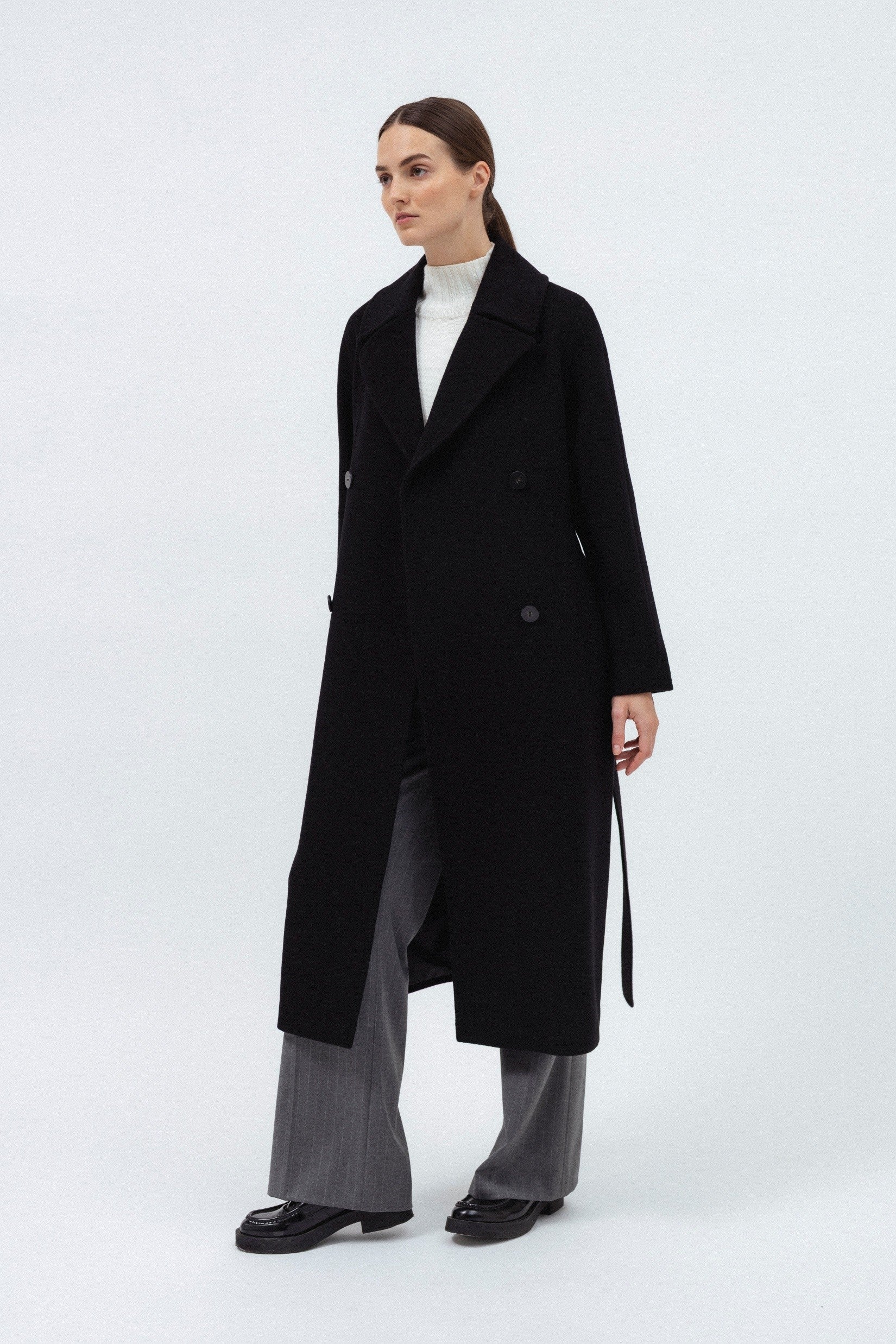 BLACK BELTED WOOL COAT