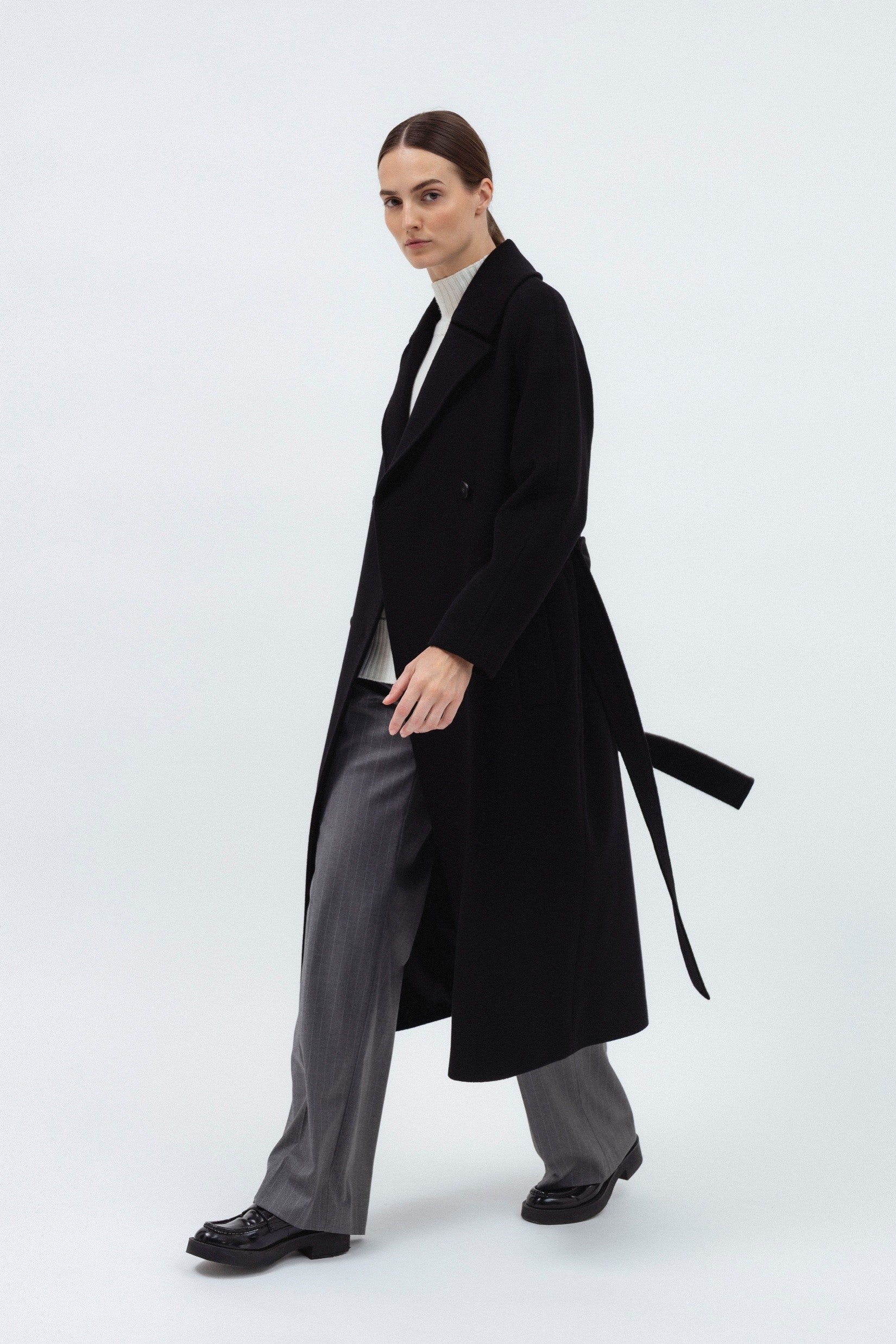 BLACK BELTED WOOL COAT