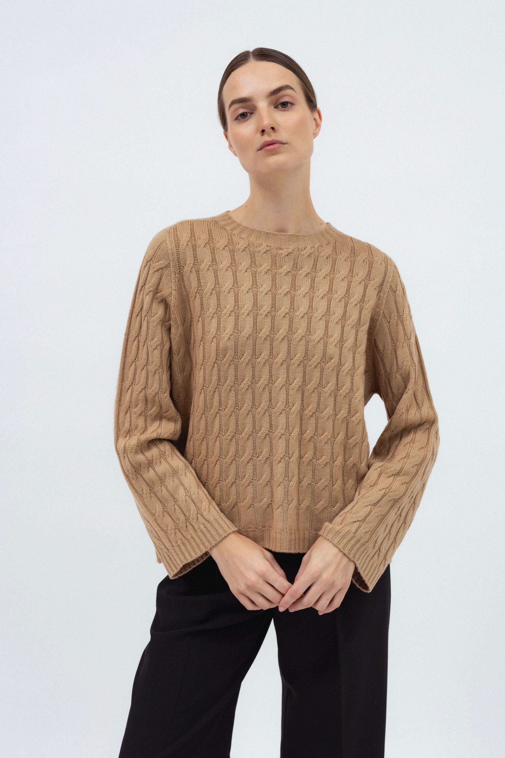 CAMEL MERINO WOOL SWEATER WITH BRAIDS